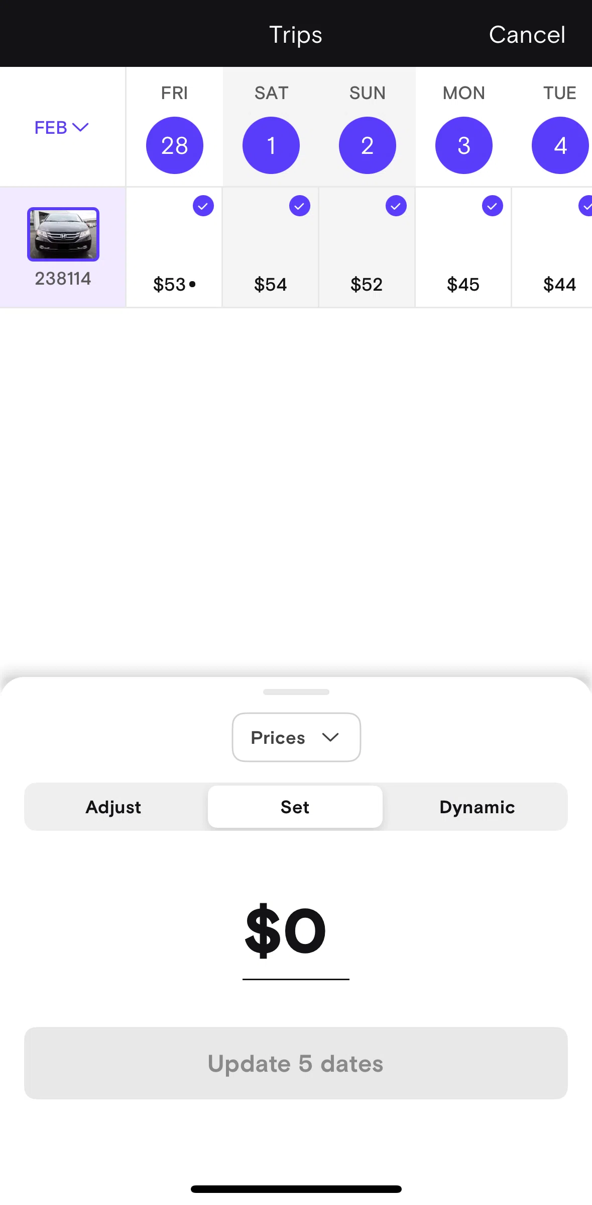 Turo Screen 1 screen in the Updating price (dynamic) flow