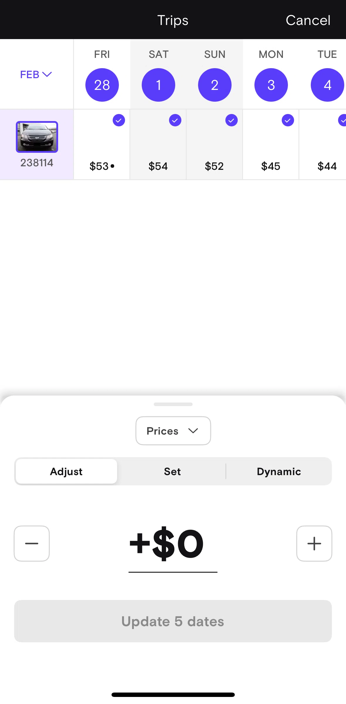 Turo Screen 1 screen in the Updating prices (set) flow