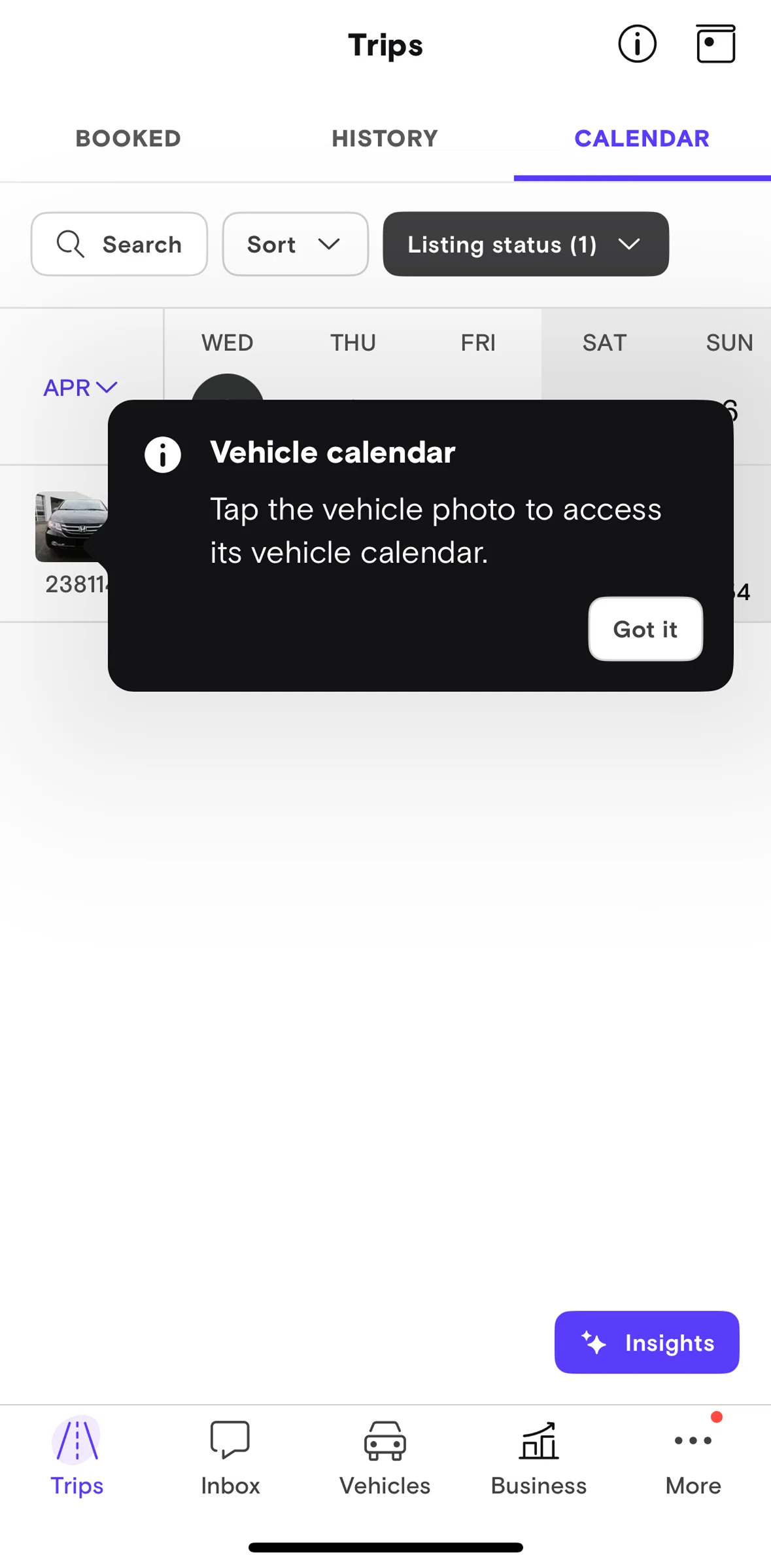 Turo Screen 1 screen in the Vehicle calendar flow