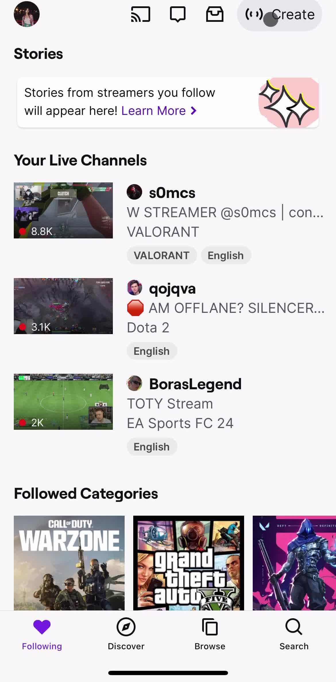Twitch Stories screen in the Analytics Stats flow