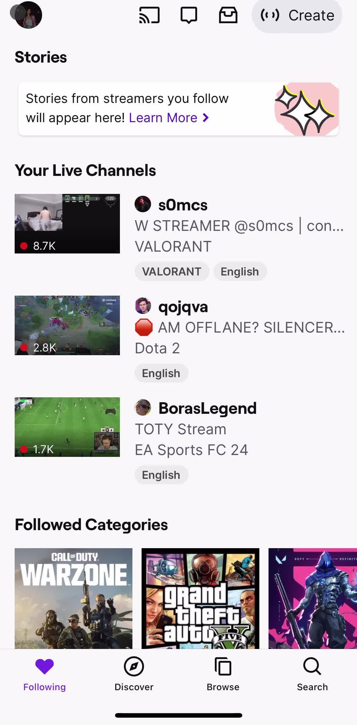 Twitch Home screen in the Broadcasting A Stream flow