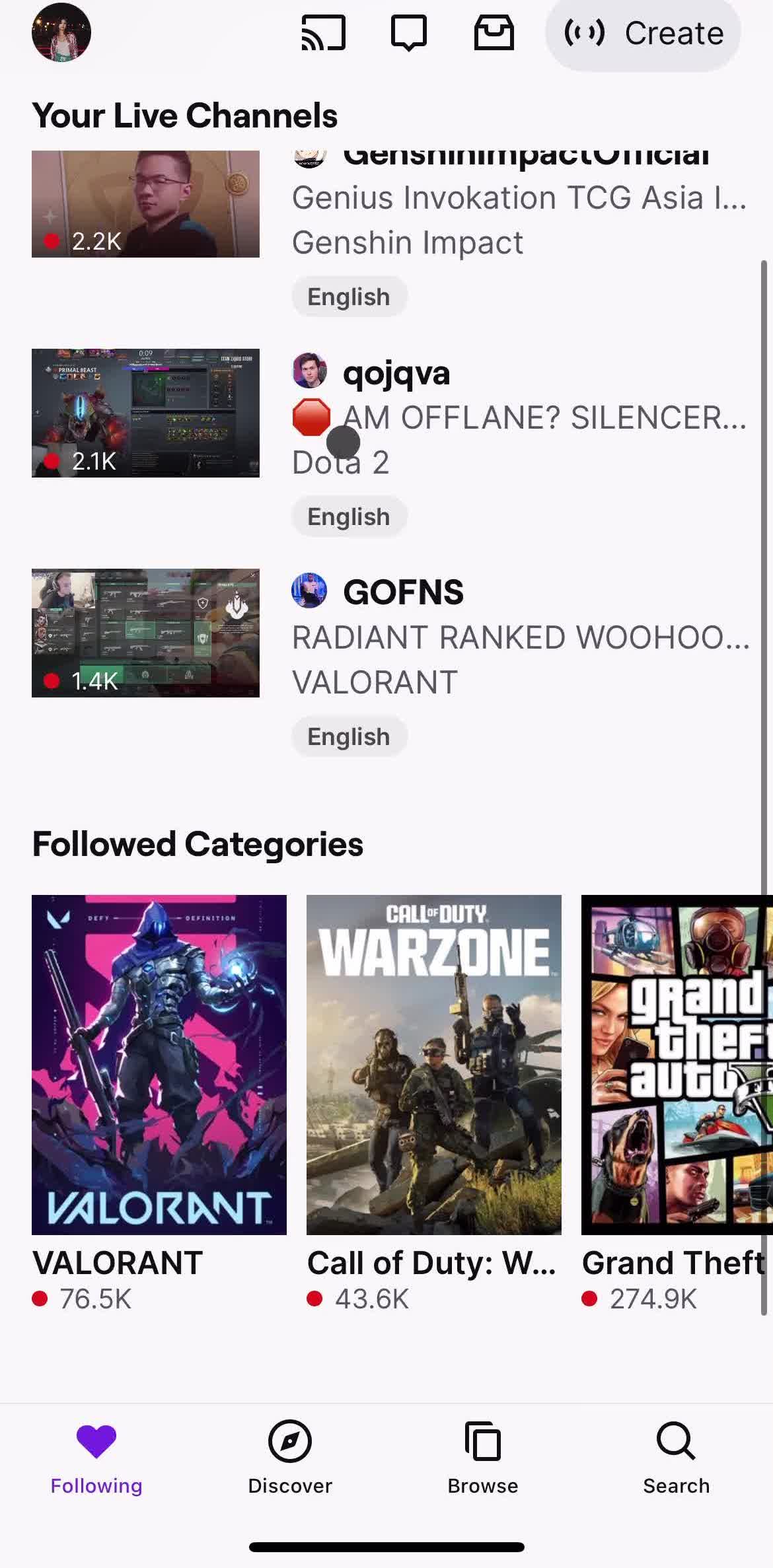 Twitch Home screen in the Chatting flow