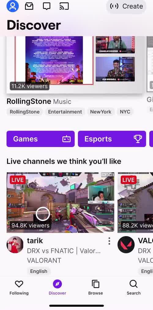 Twitch Discover screen in the Commenting flow