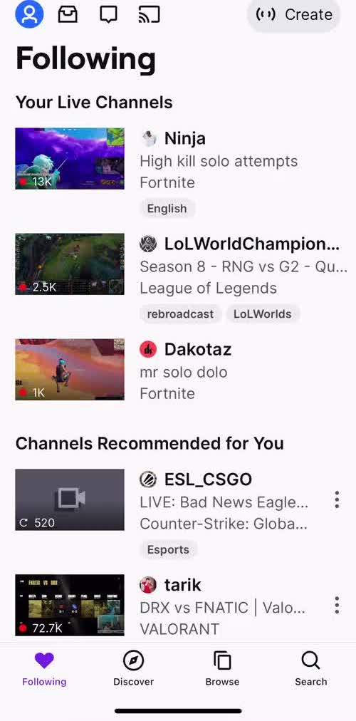 Twitch Following screen in the Creating A Video flow