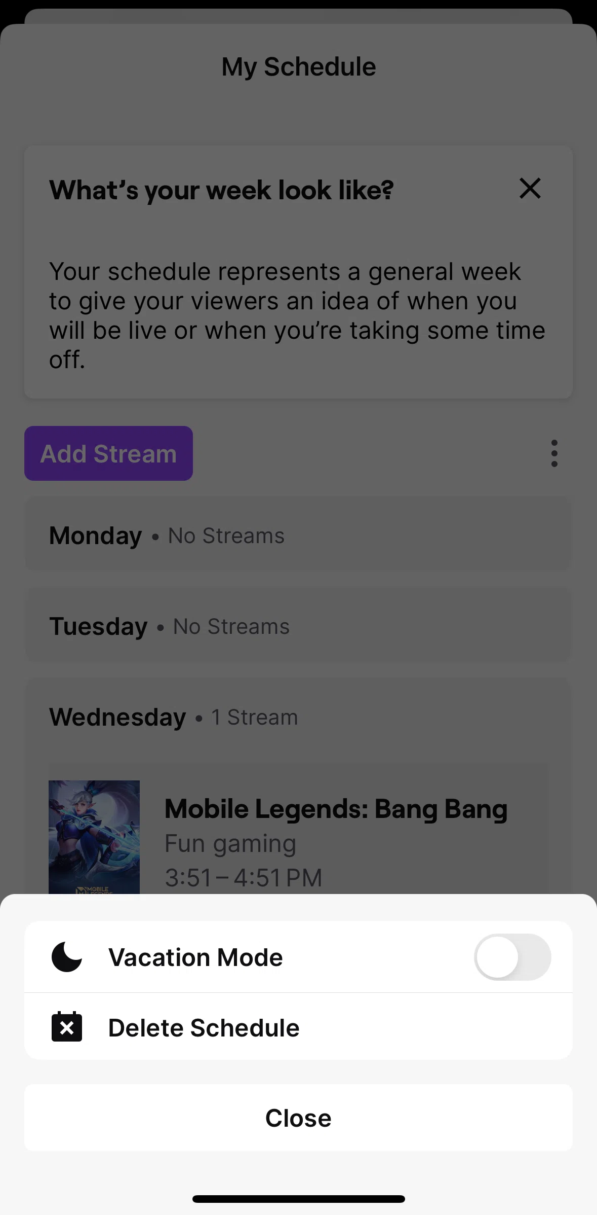 Twitch Screen screen in the Deleting a schedule flow
