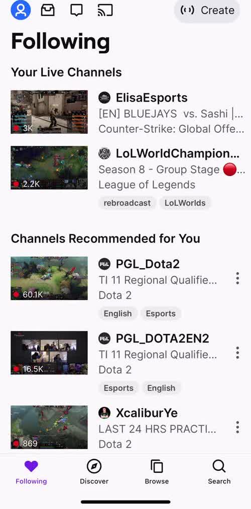Twitch Following screen in the Discovering Content flow