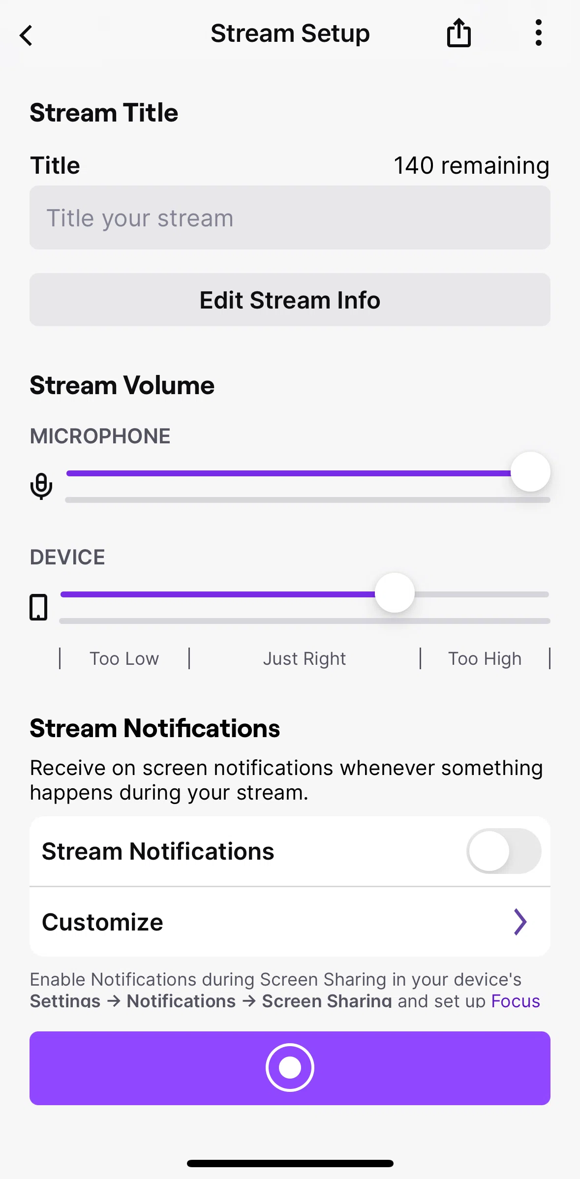 Twitch Screen screen in the Editing stream info flow