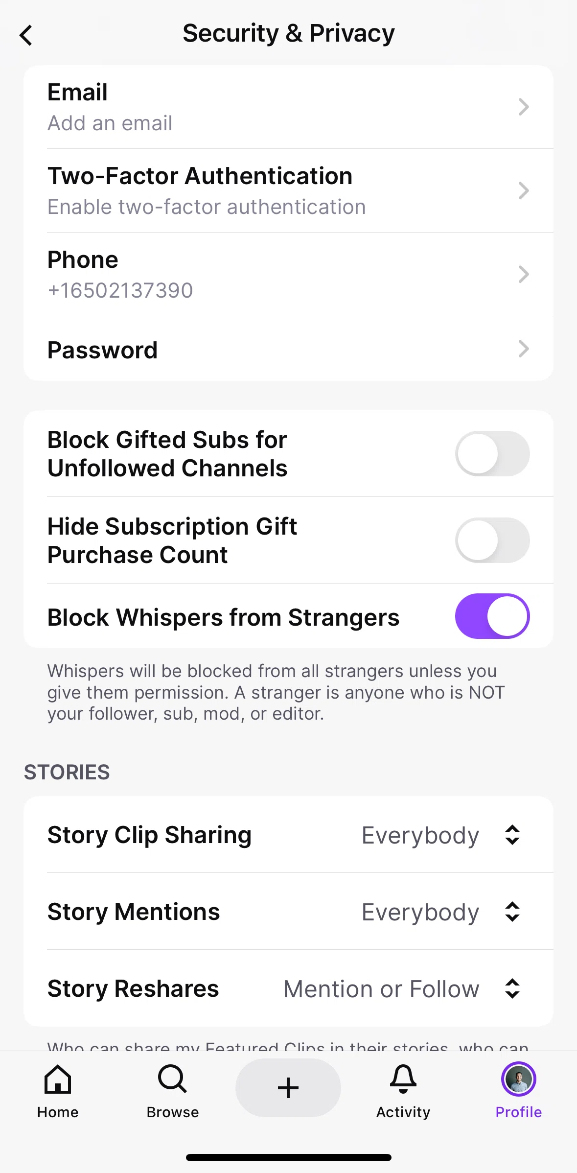 Twitch Screen screen in the Enabling two-factor authentication flow