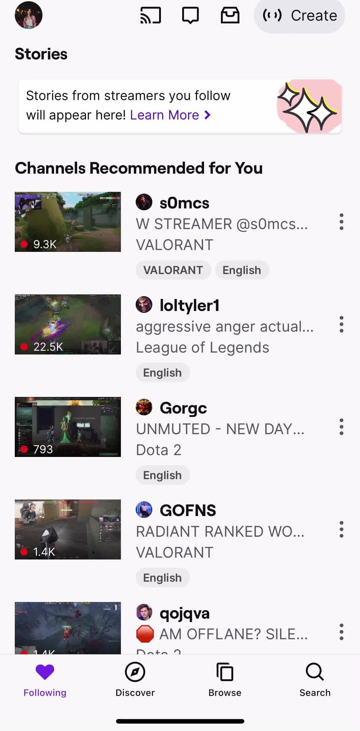 Twitch Home screen in the Filtering flow