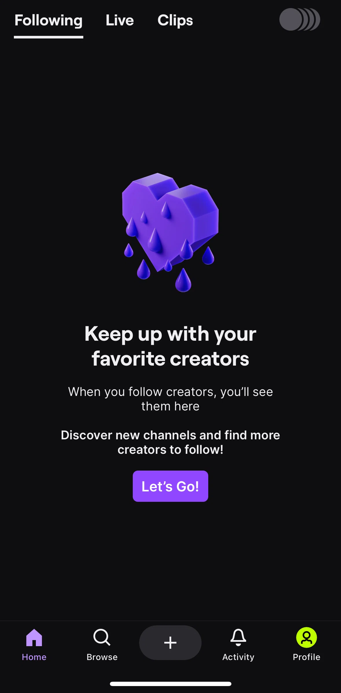 Twitch Screen screen in the Following flow