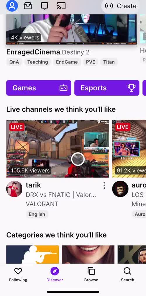 Twitch Discover screen in the General Browsing flow