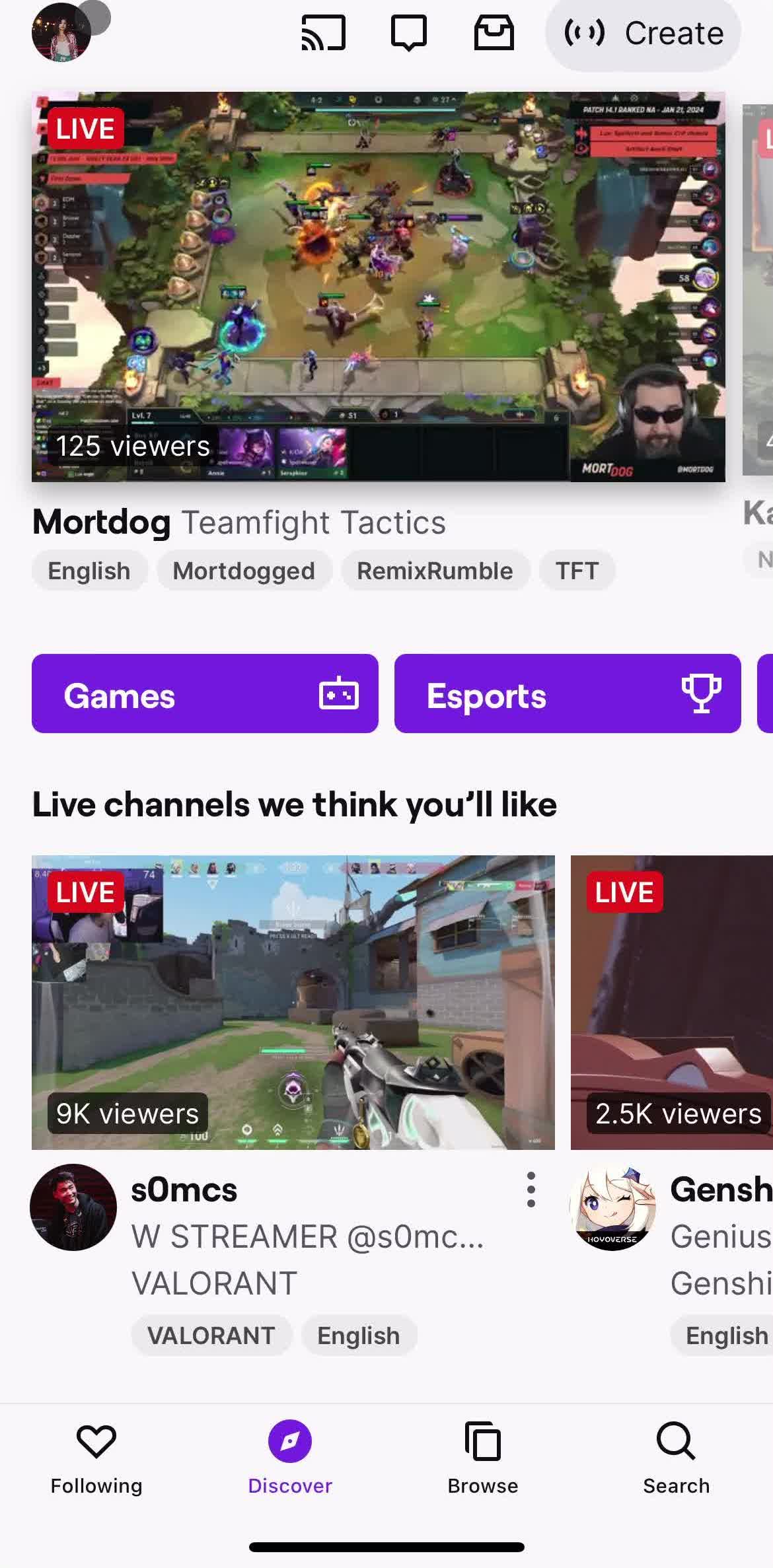 Twitch Home screen in the Giving Feedback flow