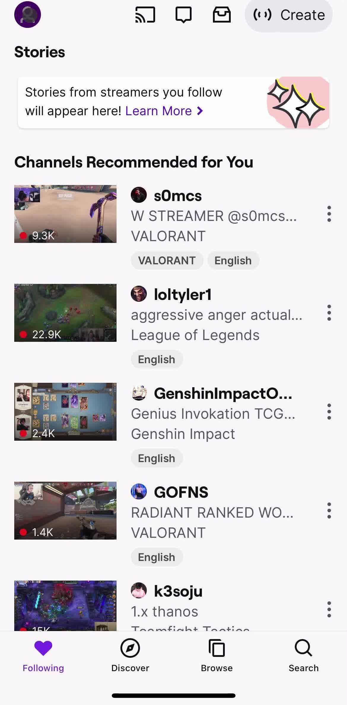 Twitch Home screen in the Logging Out flow