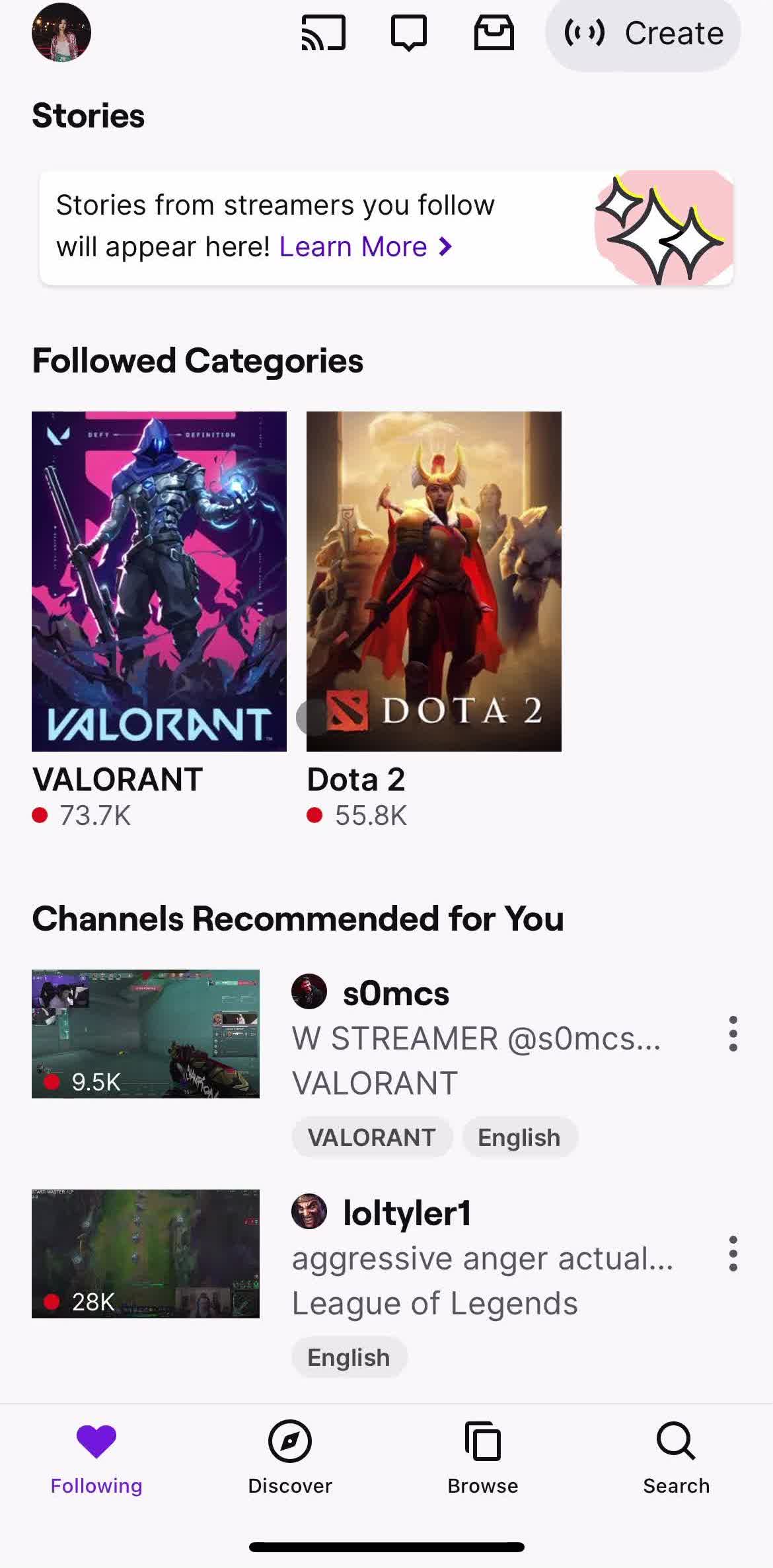 Twitch Home screen in the Saving flow