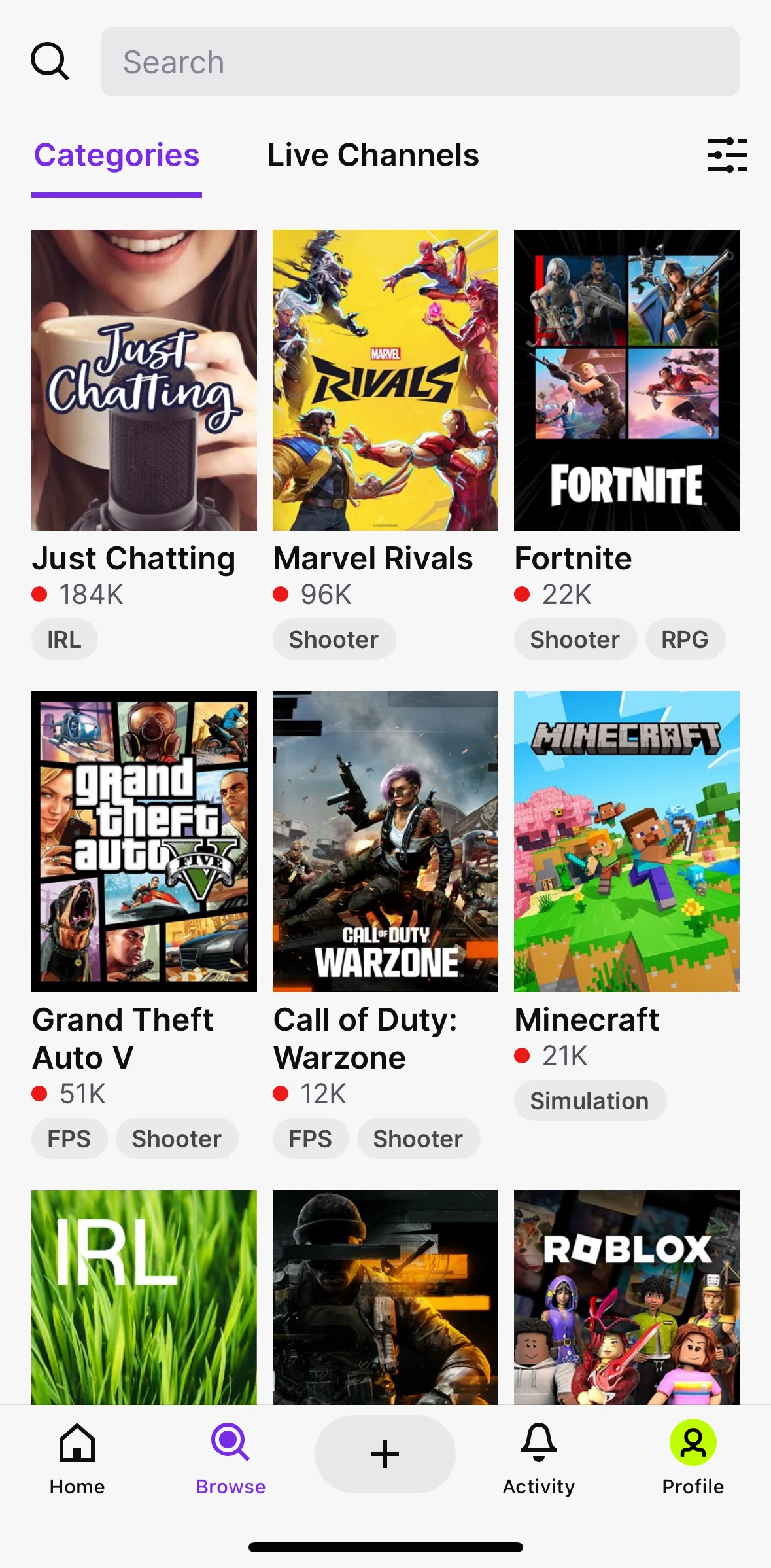 Twitch Screen screen in the Searching Twitch flow