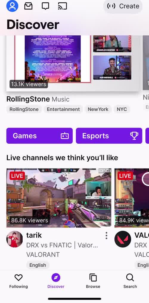 Twitch Discover screen in the Searching flow