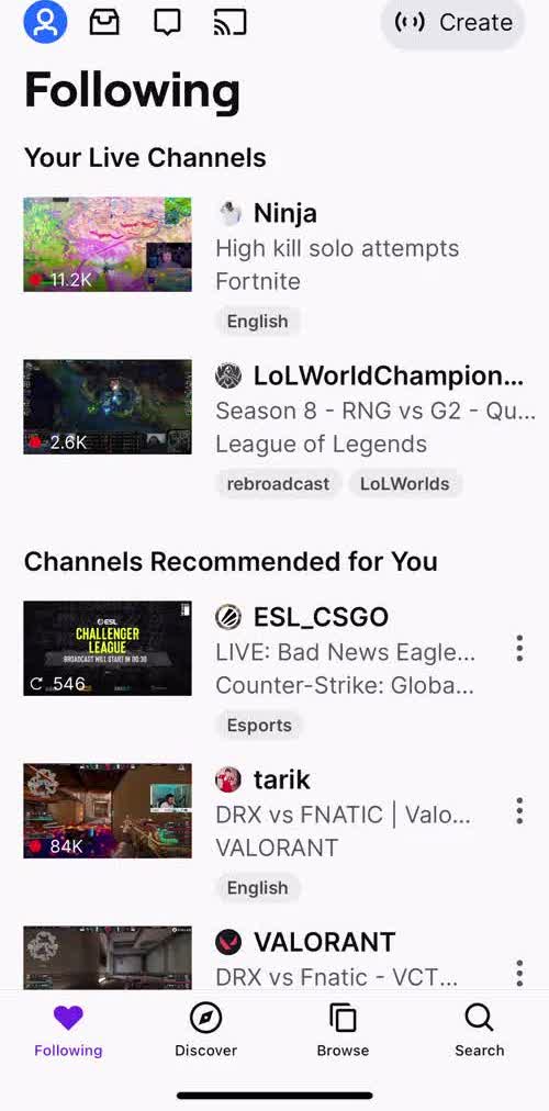 Twitch Following screen in the Sending Messages flow