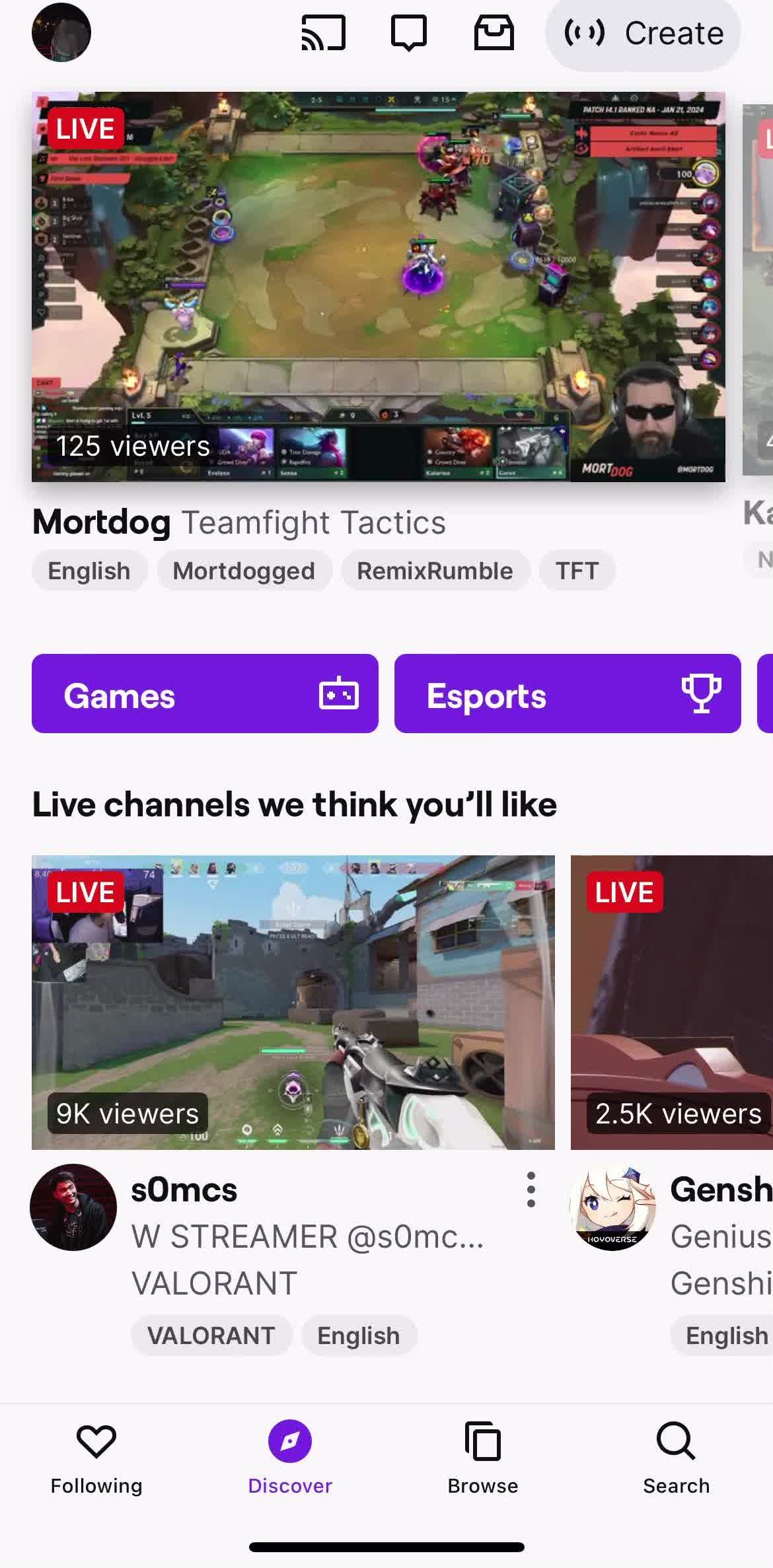Twitch Home screen in the Settings flow