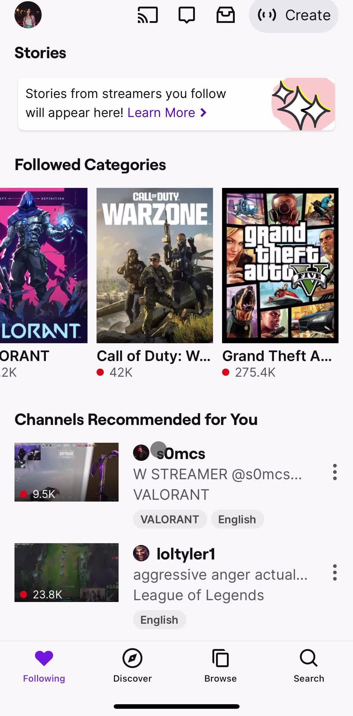 Twitch Home screen in the Sharing flow
