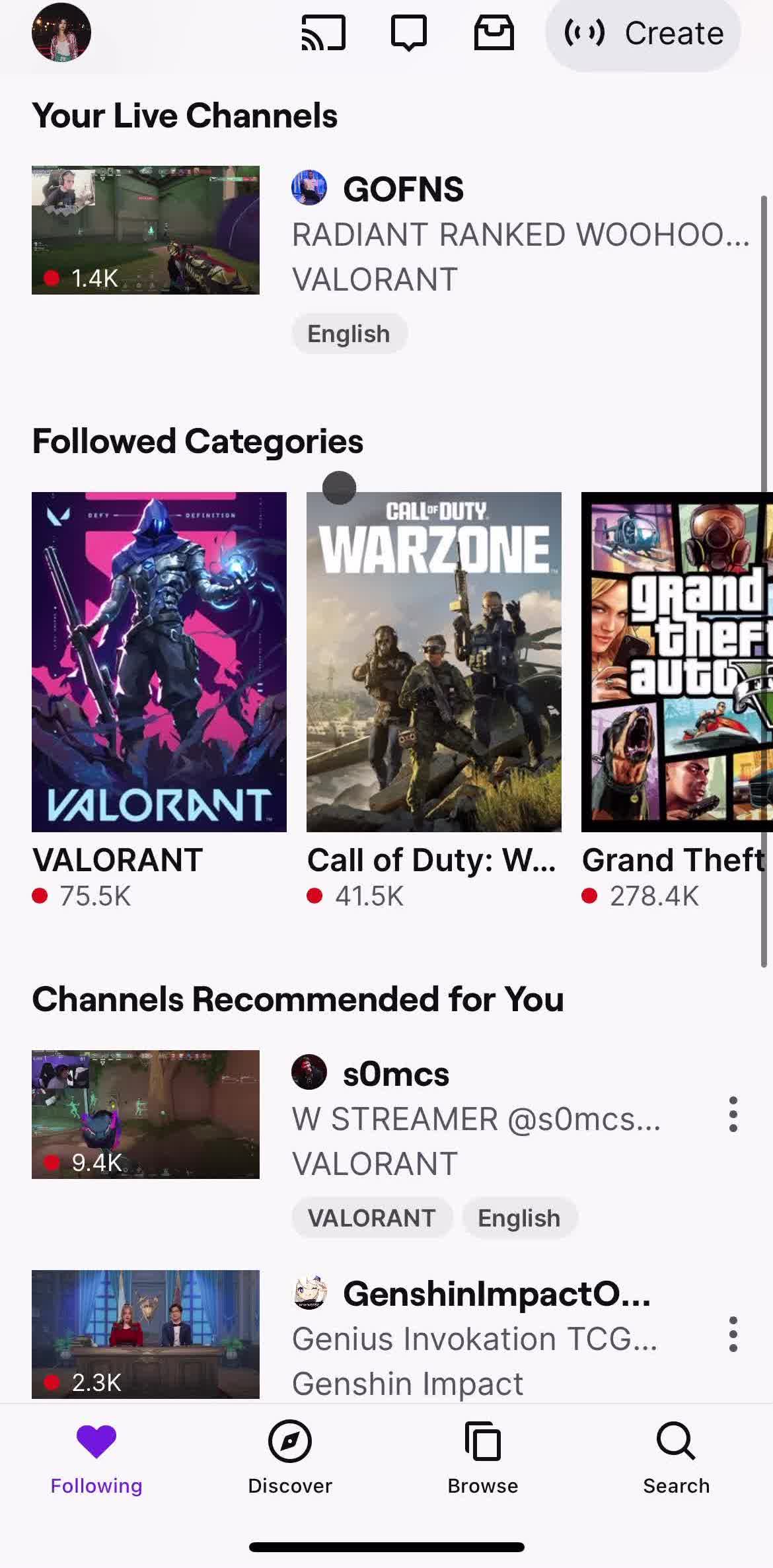 Twitch Home screen in the Subscribing To A Streamer flow