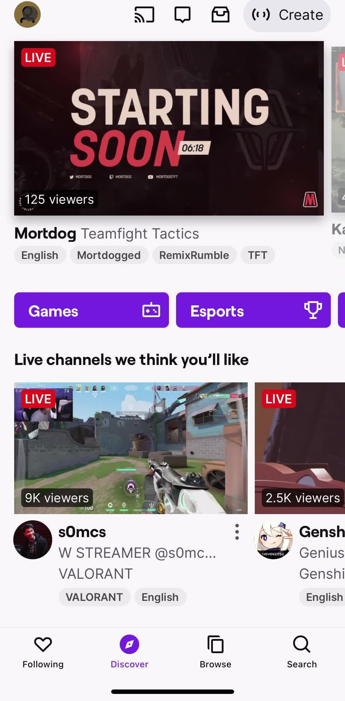 Twitch Home screen in the Updating Your Profile flow