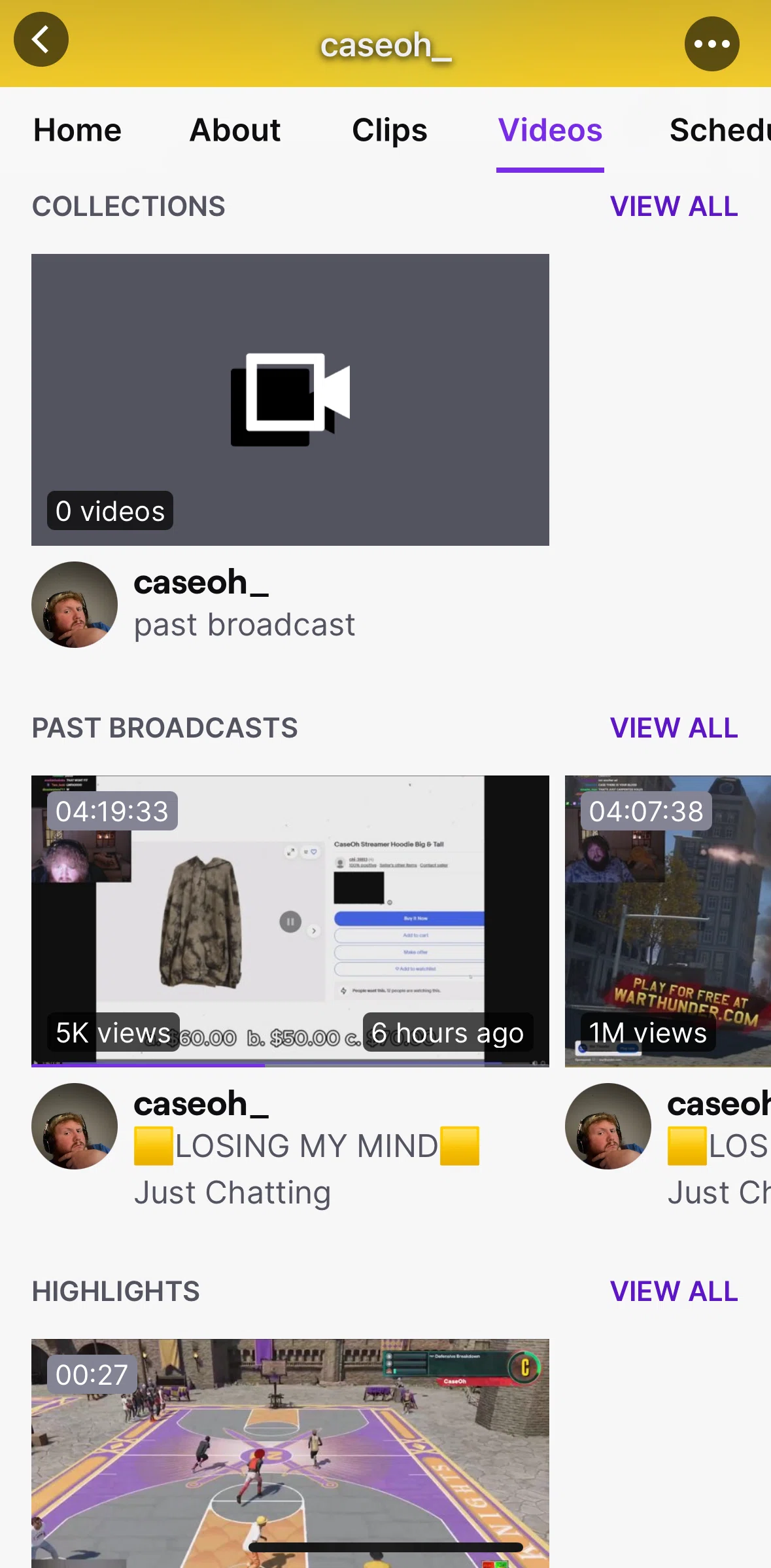 Twitch Screen screen in the View all past broadcasts flow