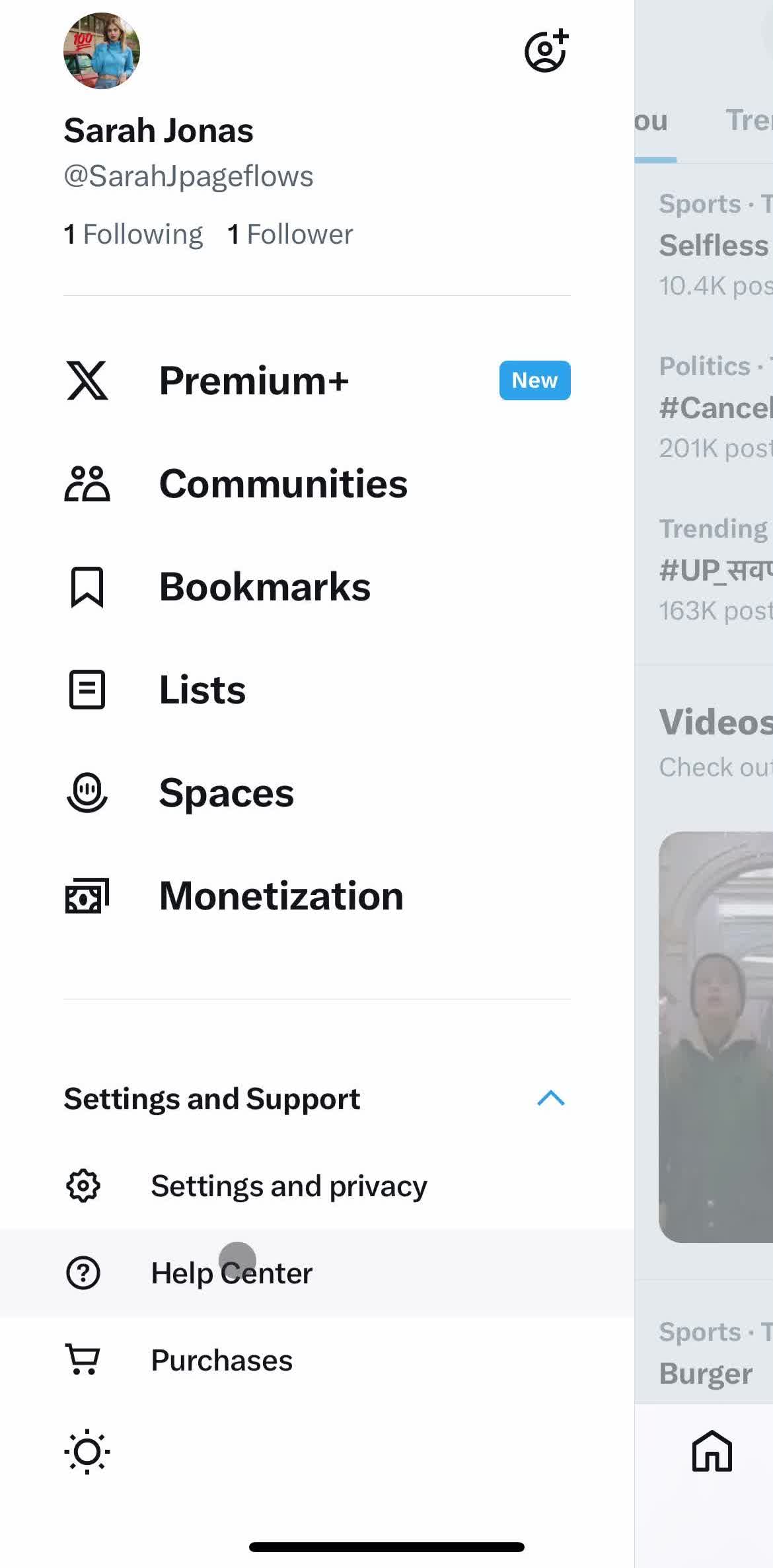 Twitter Navigation menu screen in the Help Center flow