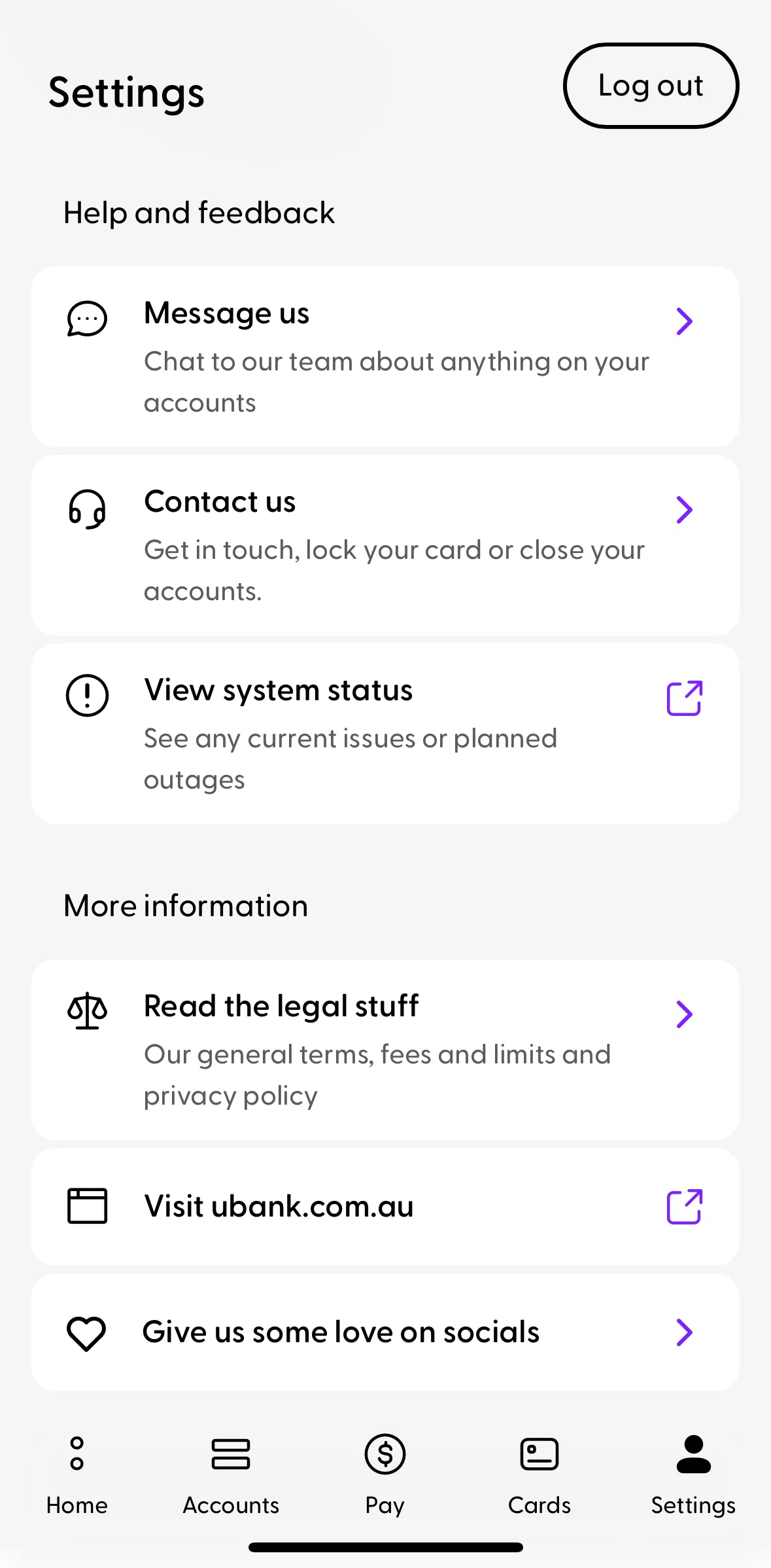 Ubank Money App Screen screen in the Contact us flow