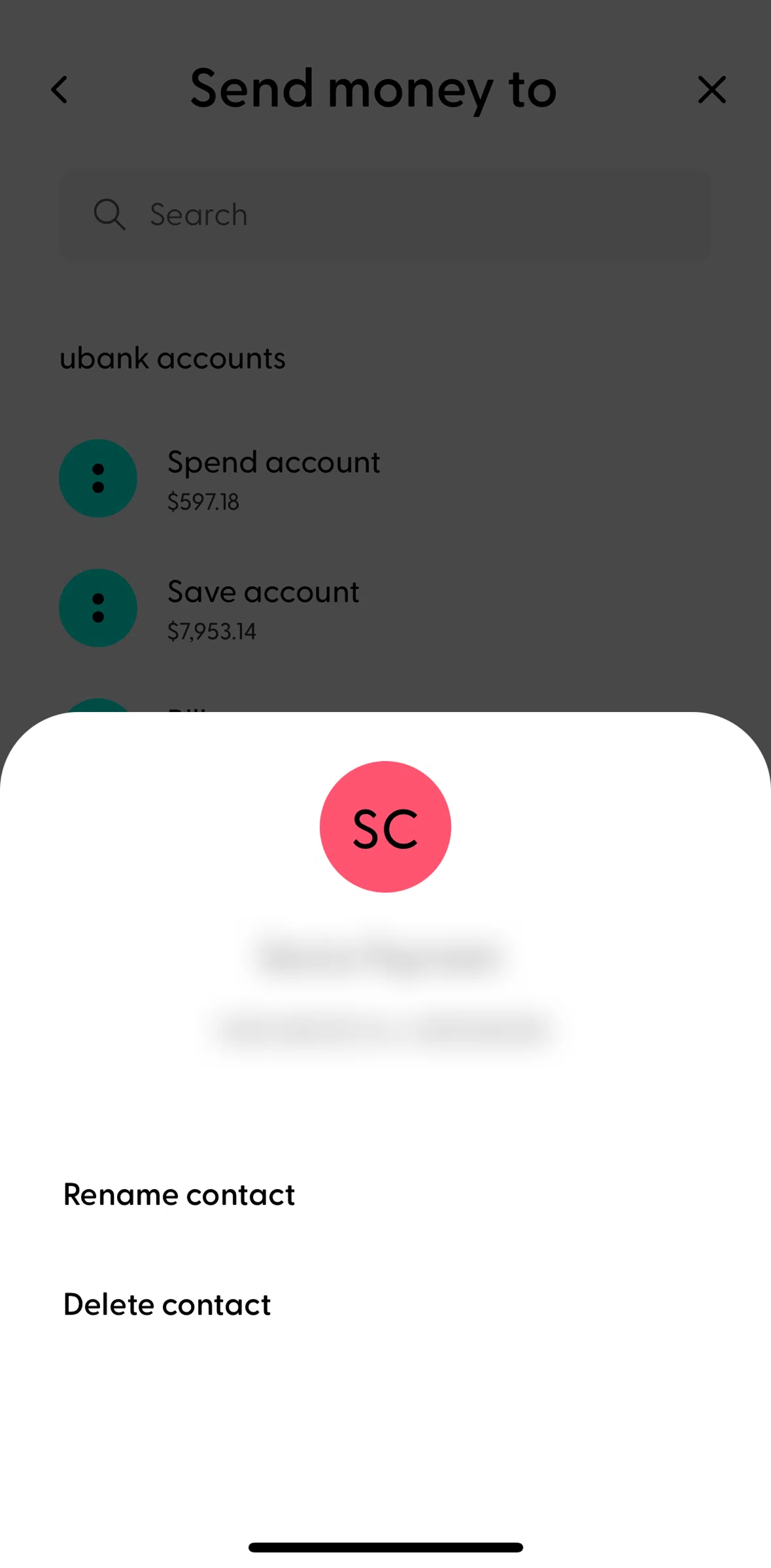 Ubank Money App Screen screen in the Deleting a contact flow