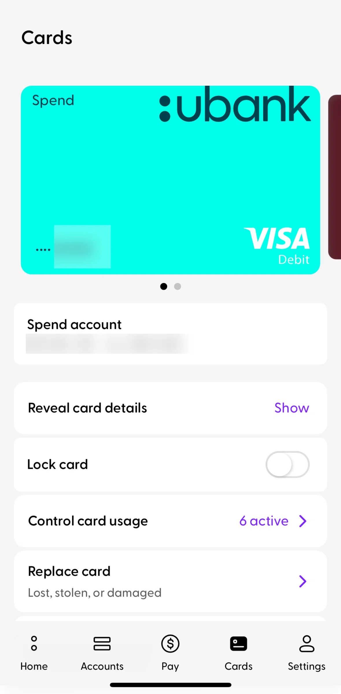 Ubank Money App Screen screen in the Locking a card flow