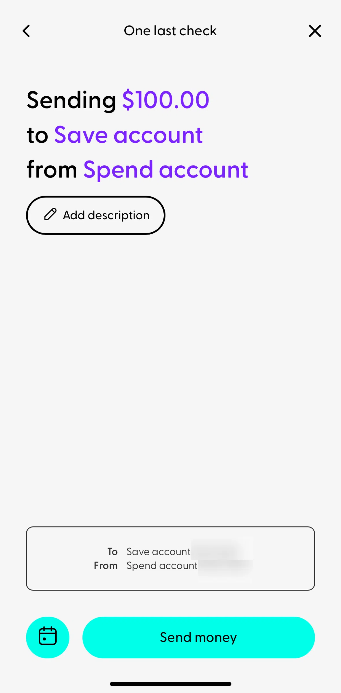 Ubank Money App Screen screen in the Scheduling a transfer flow