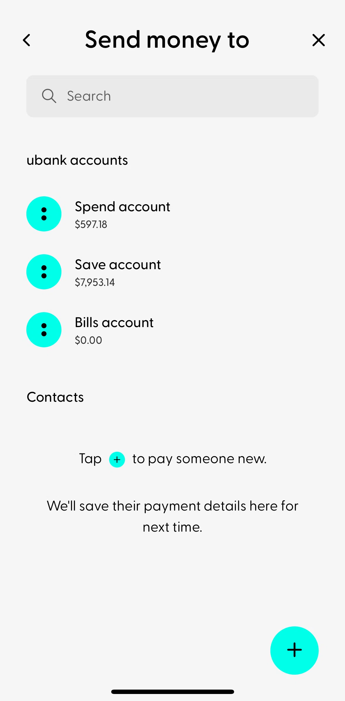 Ubank Money App Screen screen in the Sending money flow