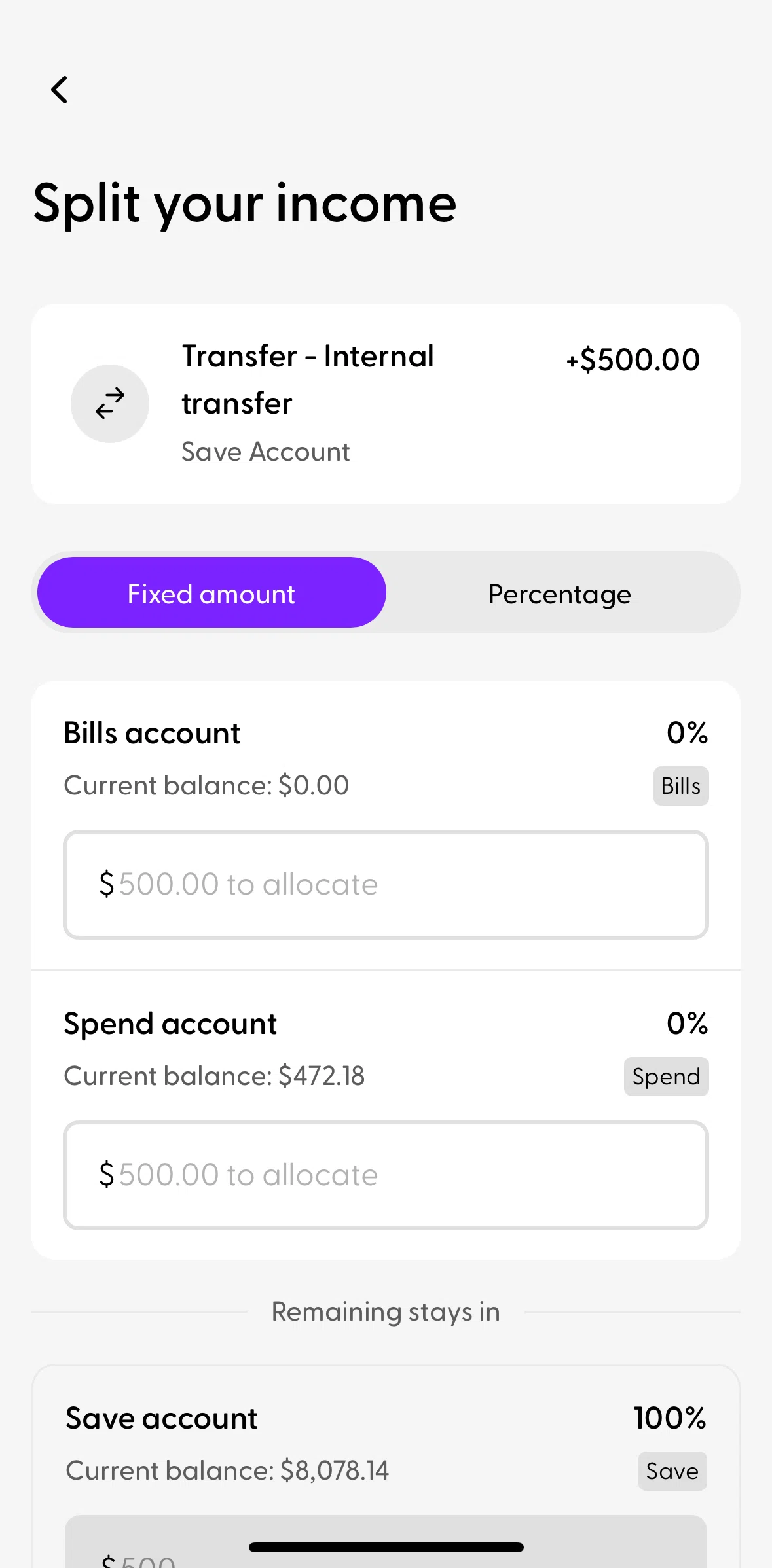 Ubank Money App Screen screen in the Splitting income (fixed amount) flow