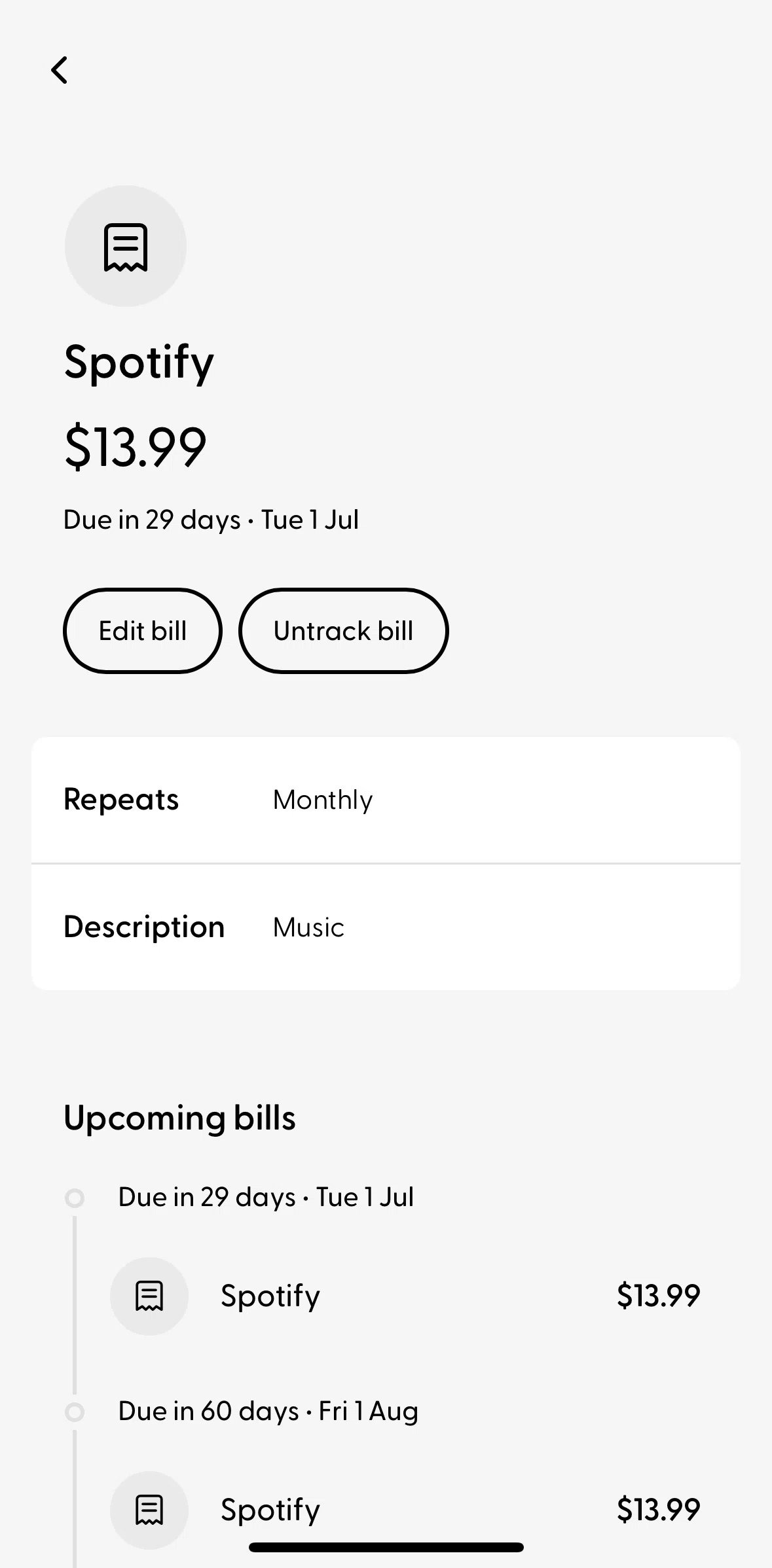 Ubank Money App Screen screen in the Untracking a bill flow