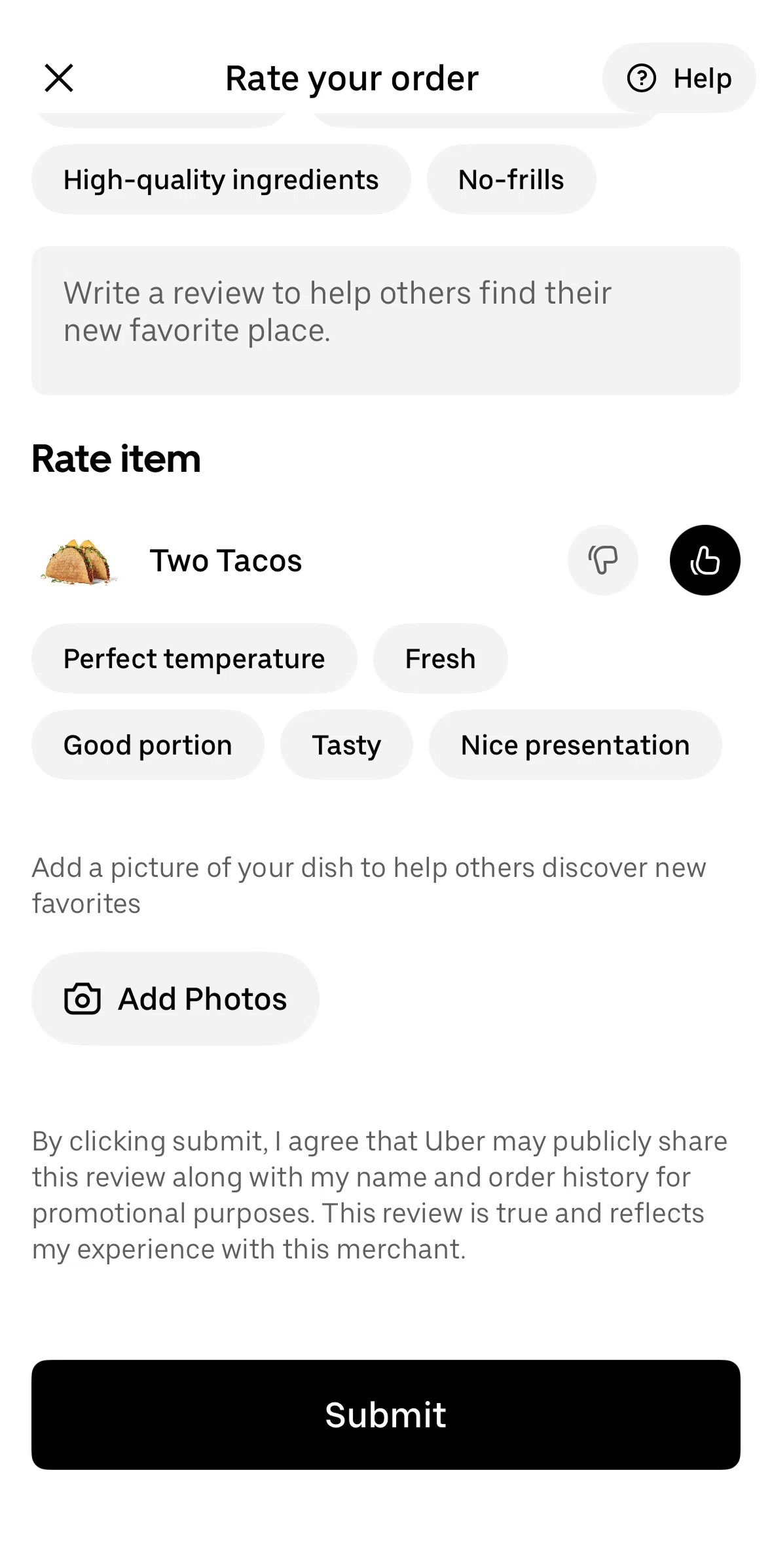 Uber Eats Screen screen in the Add a photo flow