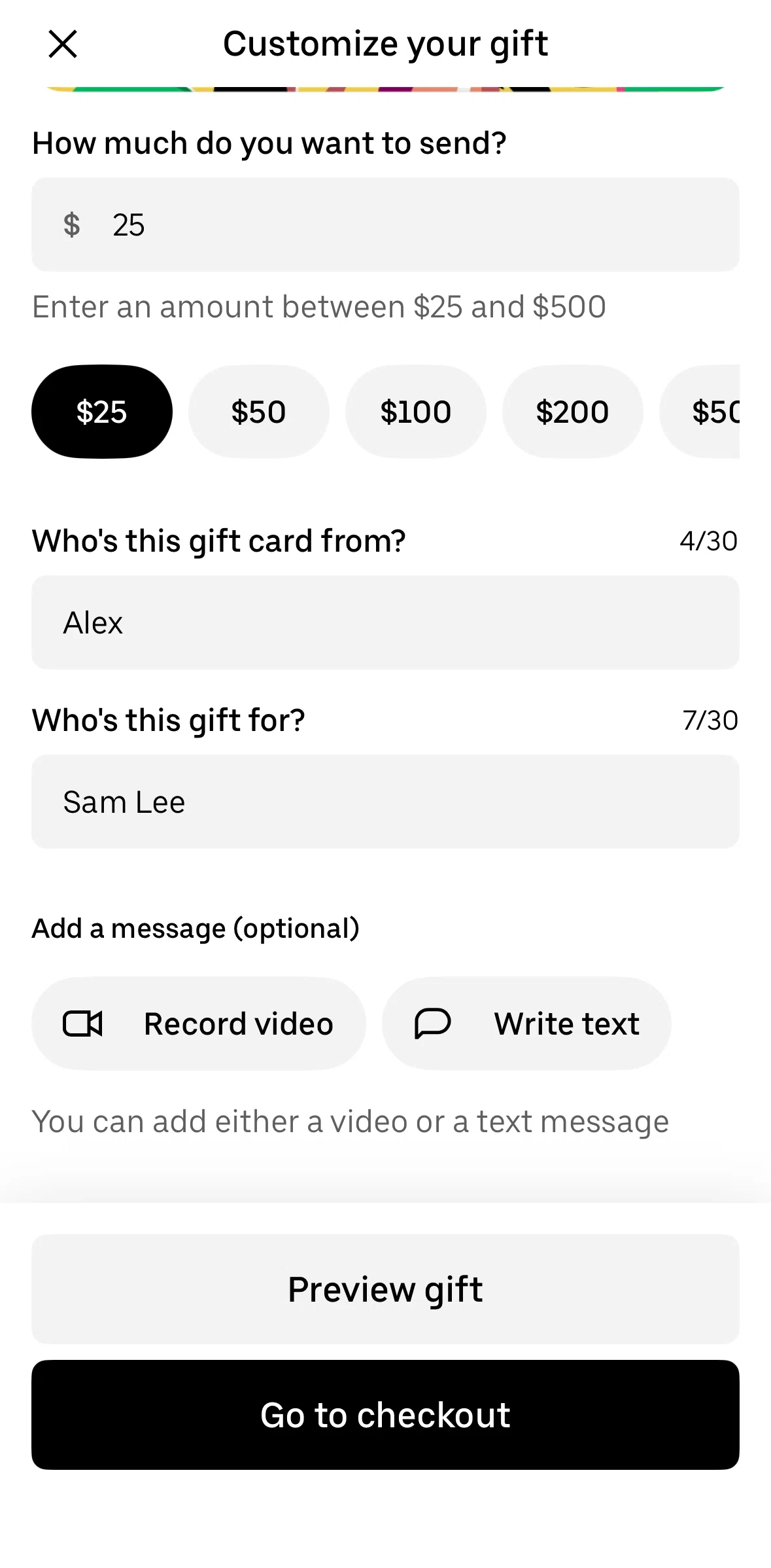 Uber Eats Screen screen in the Adding a message flow