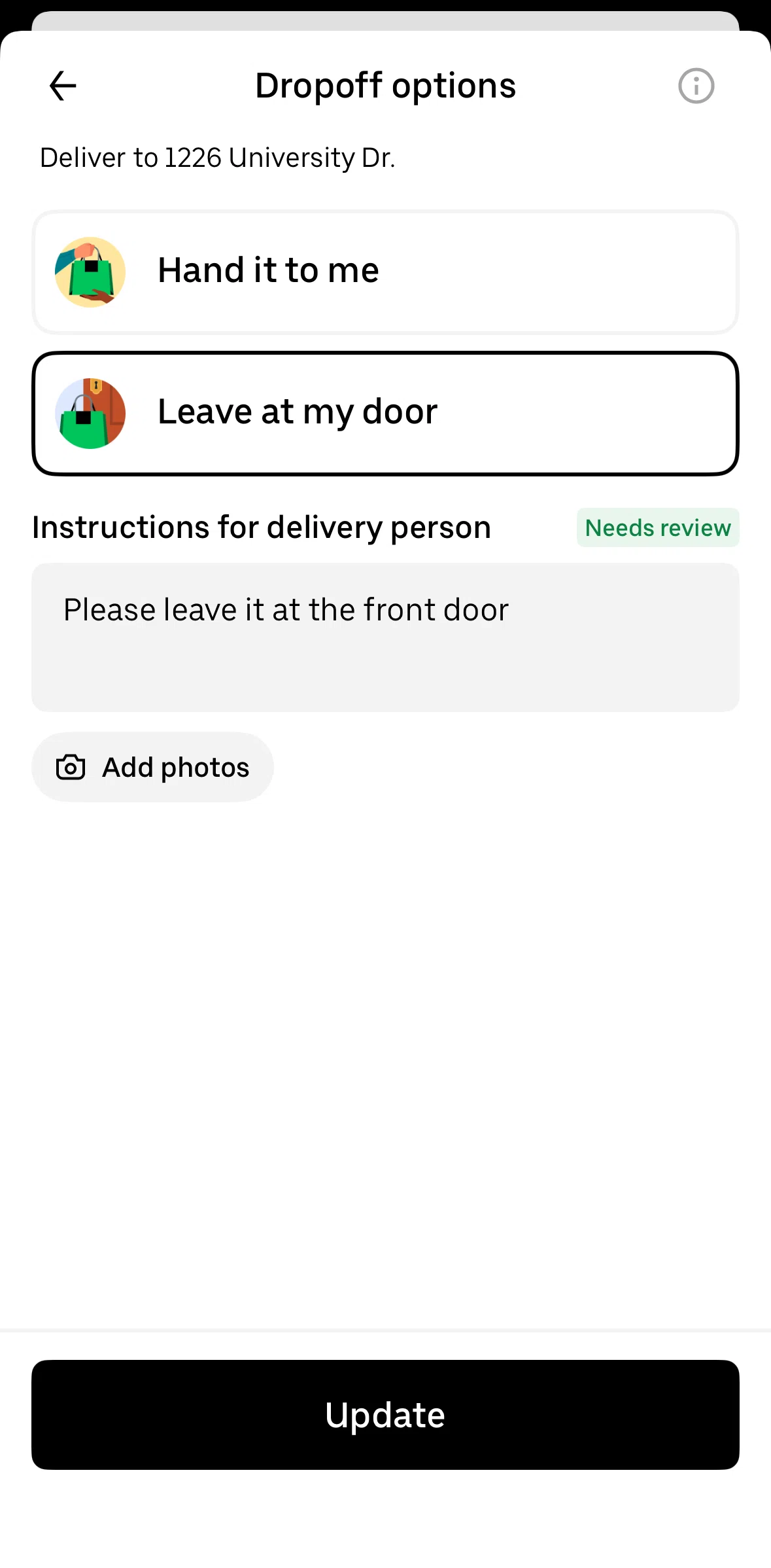 Uber Eats Screen screen in the Adding a photo flow