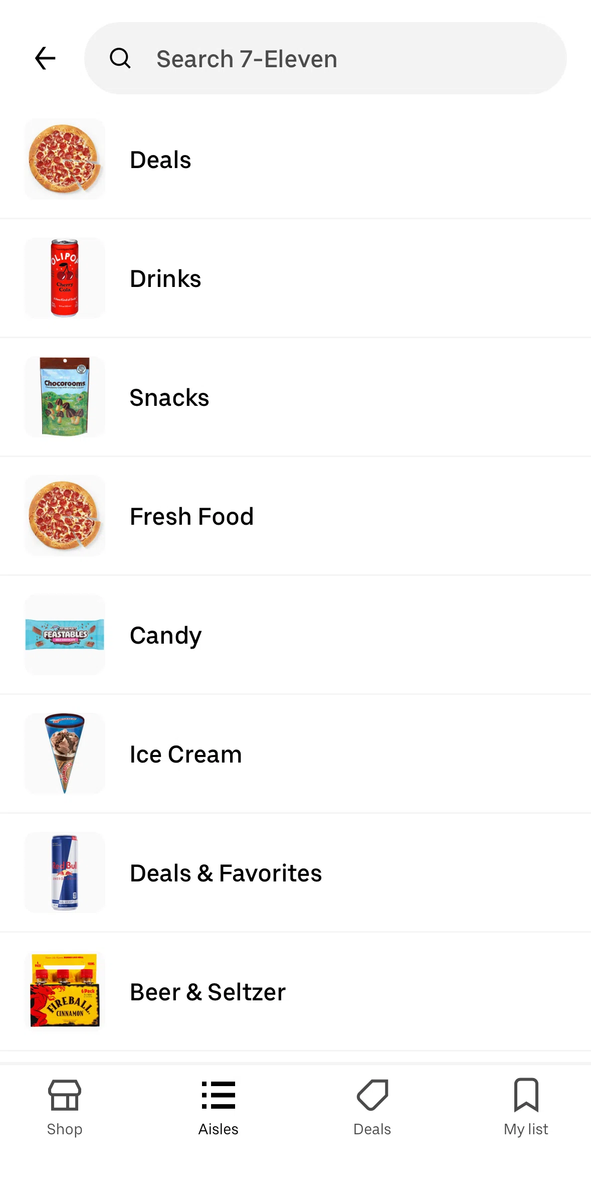 Uber Eats Screen screen in the Aisle flow