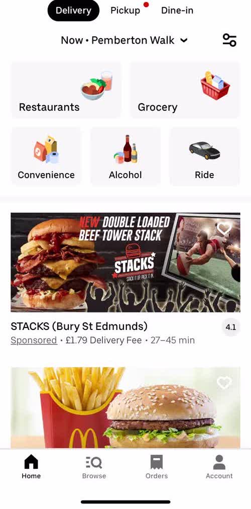 Uber Eats Home screen in the Buying A Gift Card flow