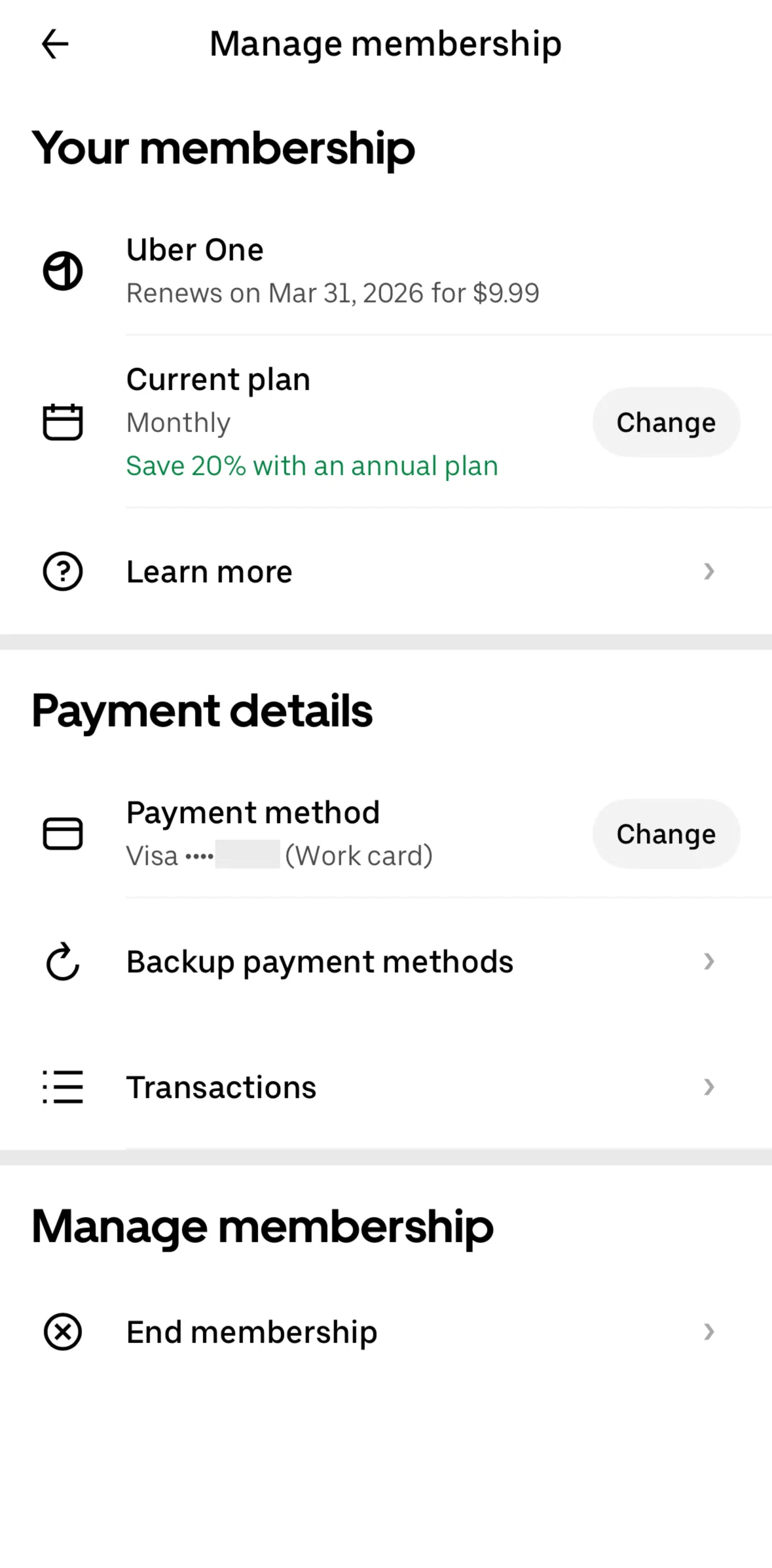 Uber Eats Screen screen in the Canceling Uber One membership flow