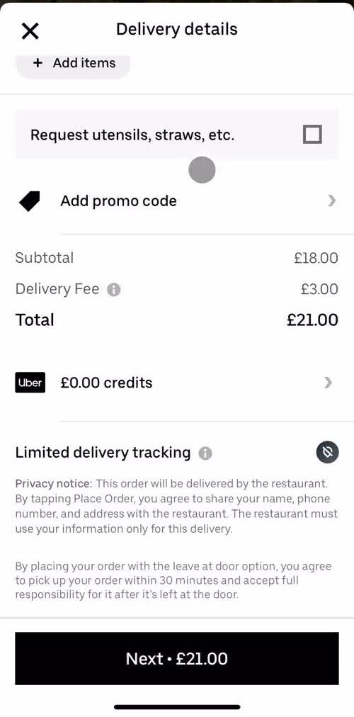 Uber Eats Checkout screen in the Cancelling An Order flow