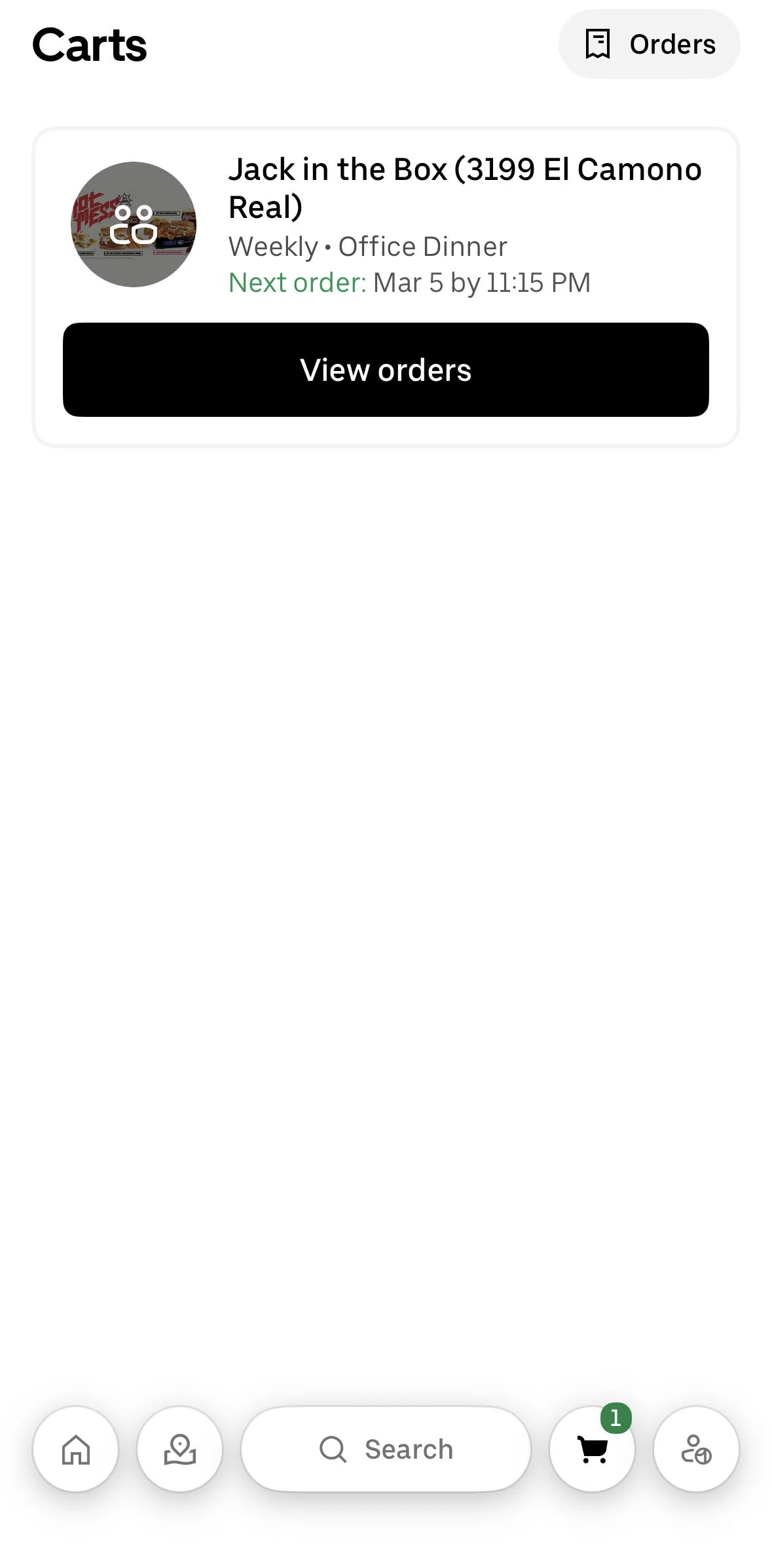 Uber Eats Screen screen in the Cart detail (group order) flow