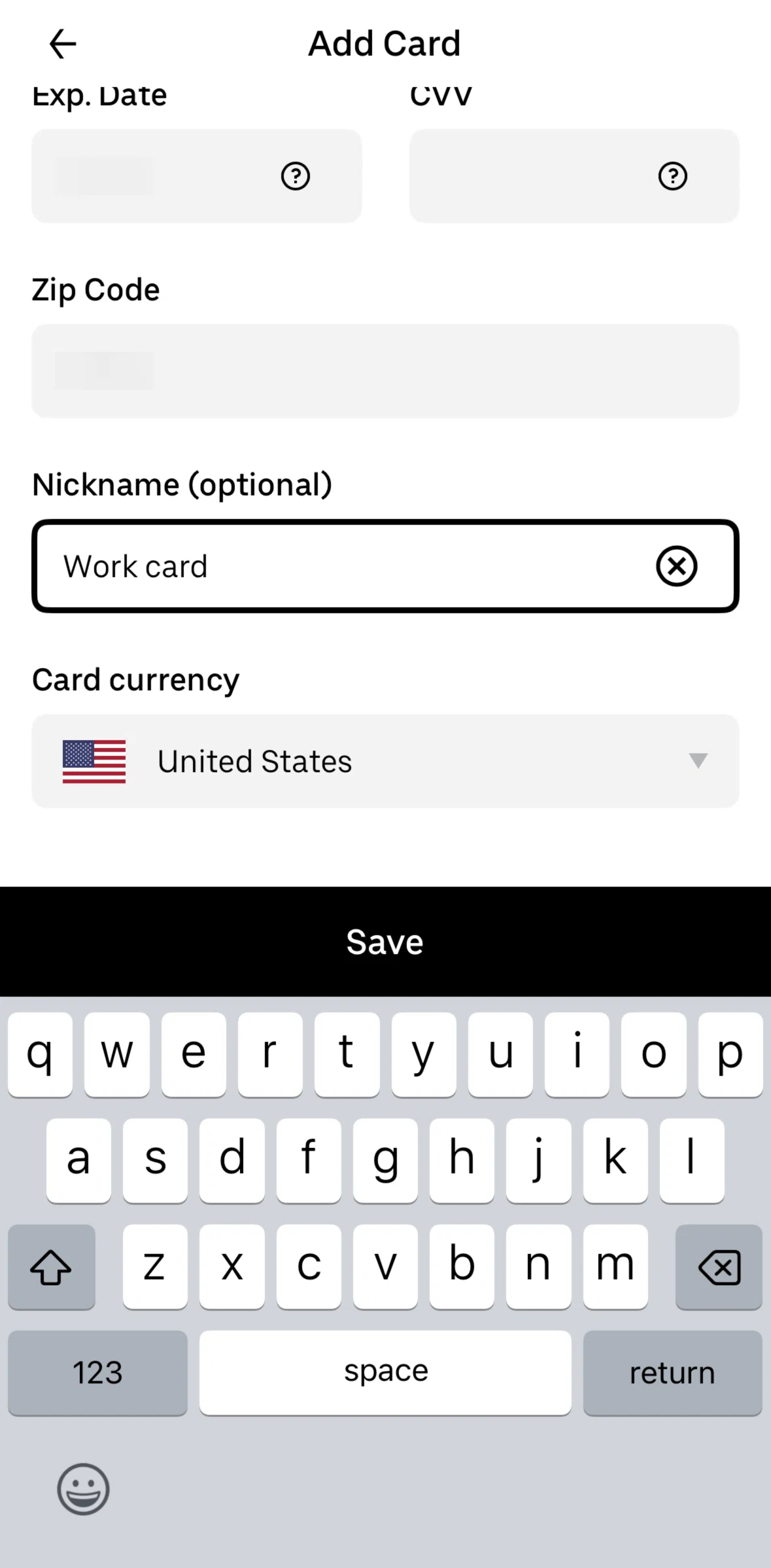 Uber Eats Screen screen in the Changing card currency flow