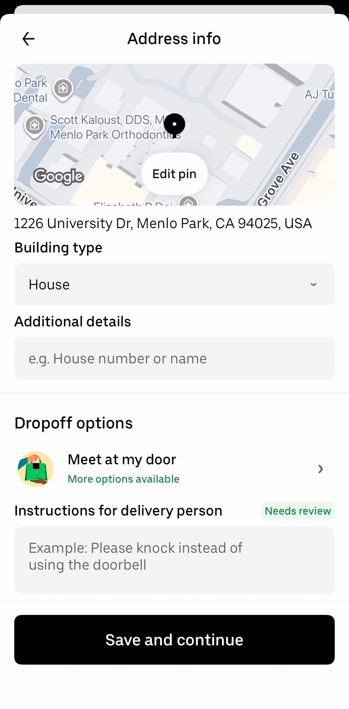 Uber Eats Screen screen in the Changing dropoff options flow