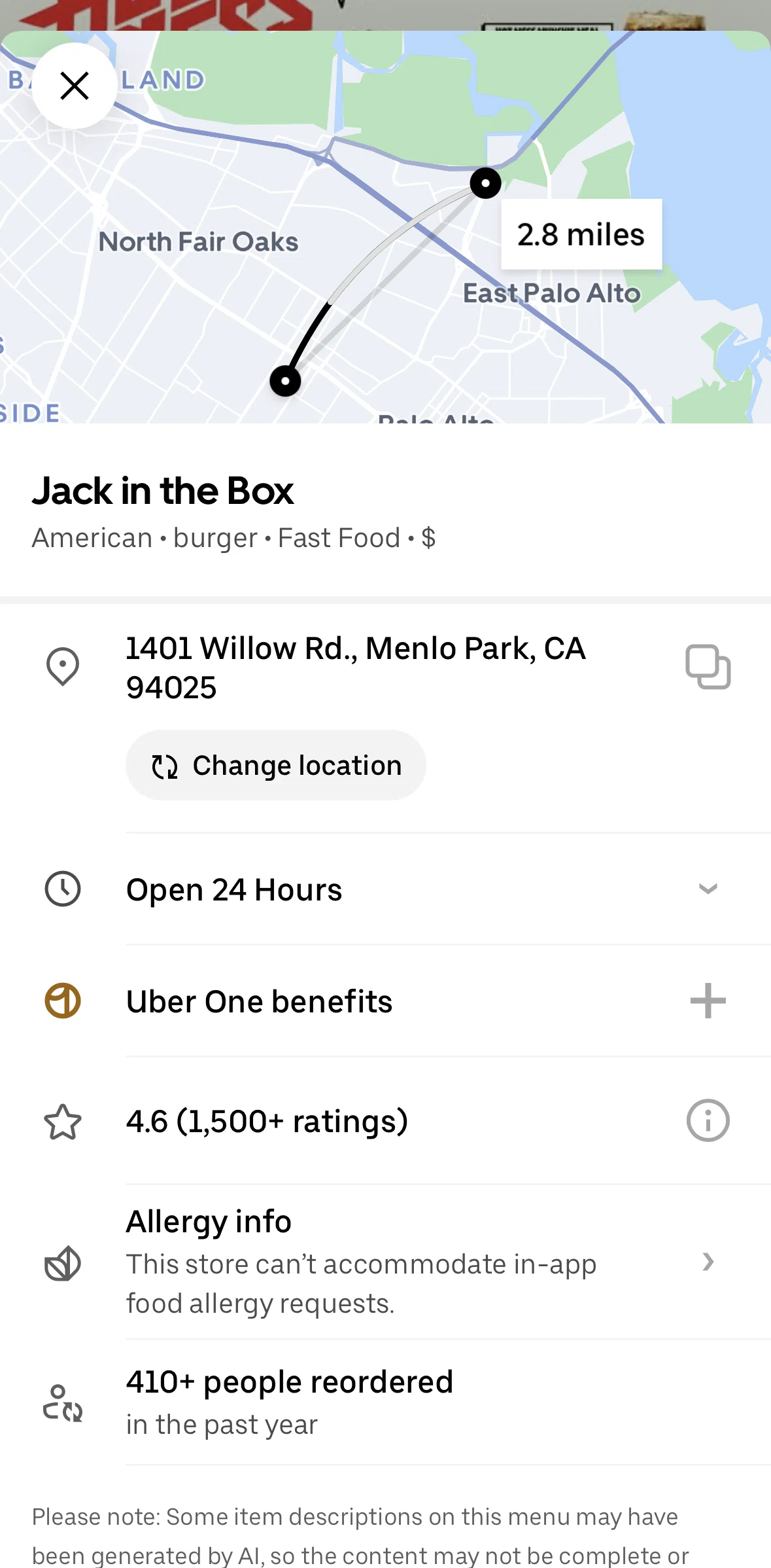 Uber Eats Screen screen in the Changing store location flow