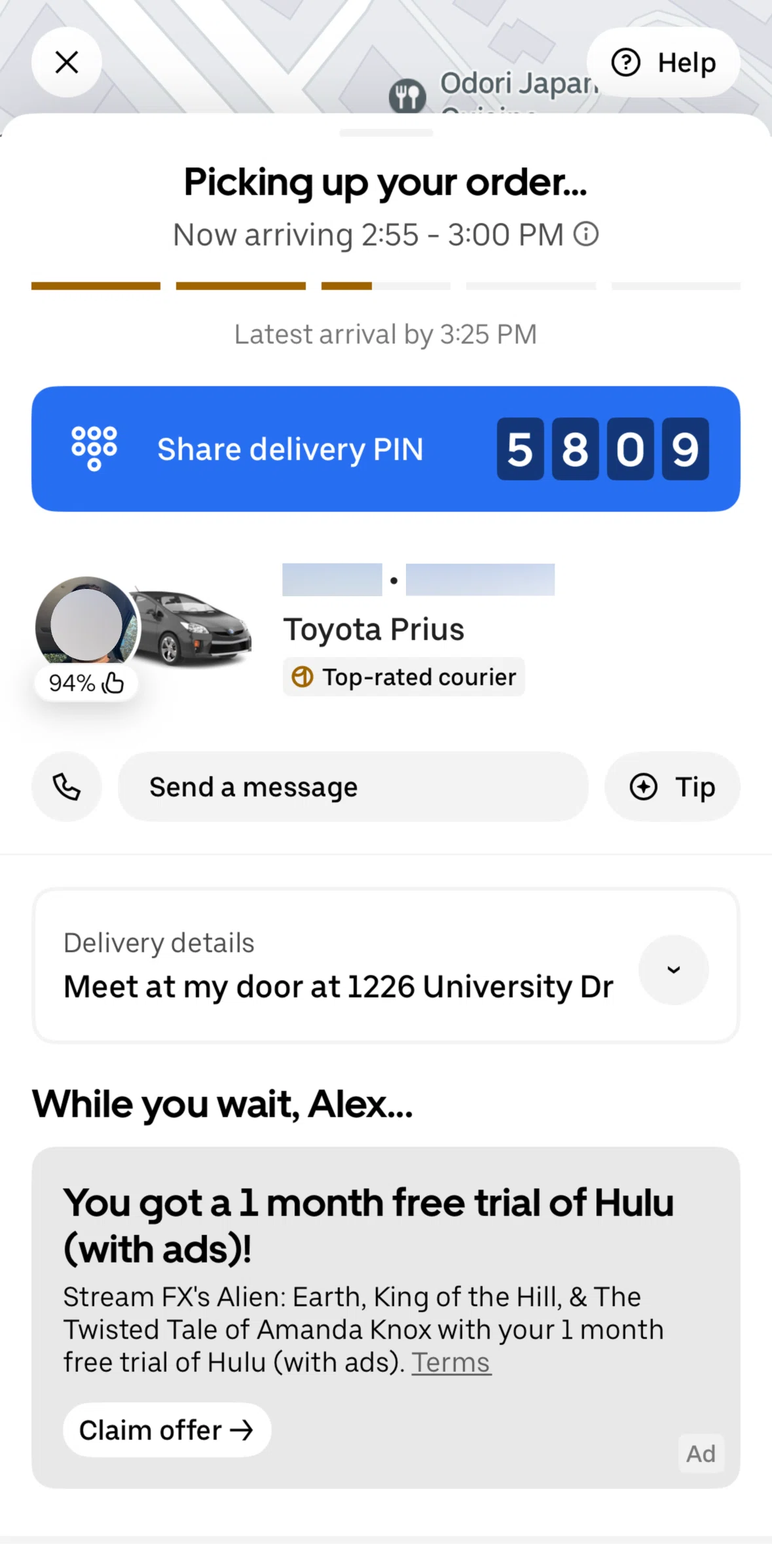 Uber Eats Screen screen in the Chatting with driver flow
