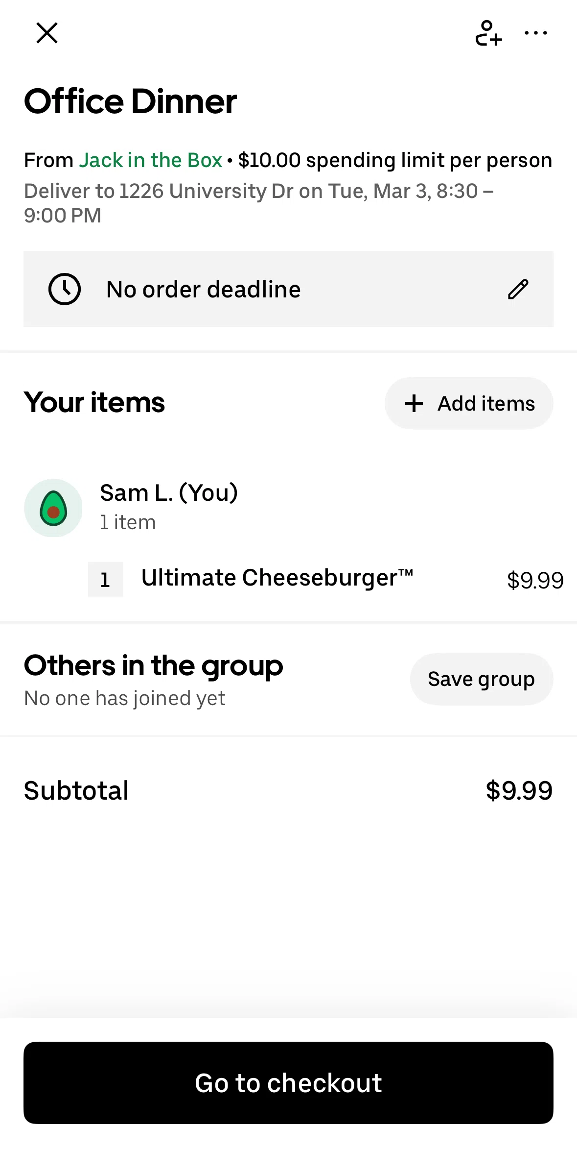 Uber Eats Screen screen in the Creating a group (group order) flow