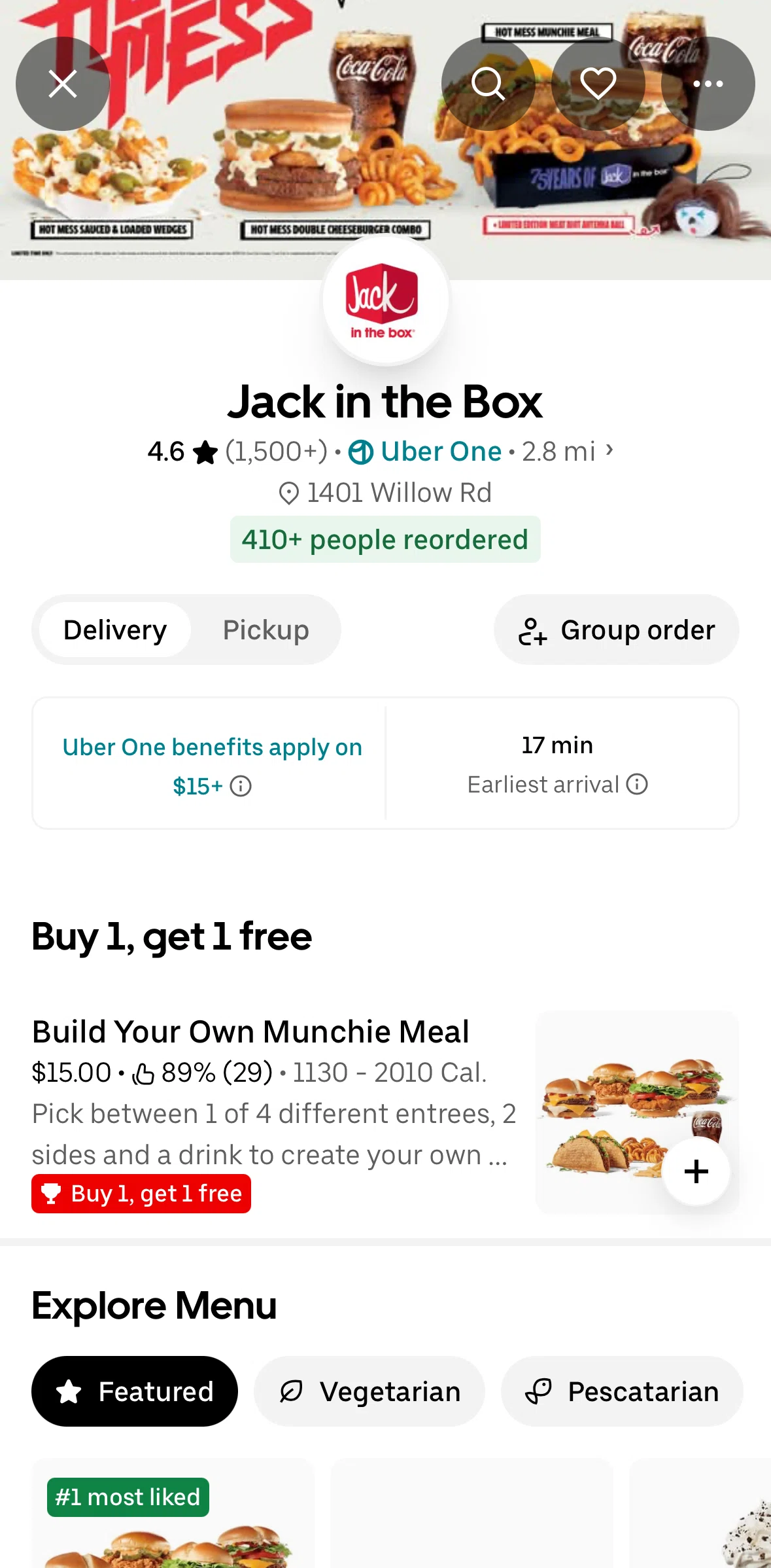 Uber Eats Screen screen in the Creating a group order flow
