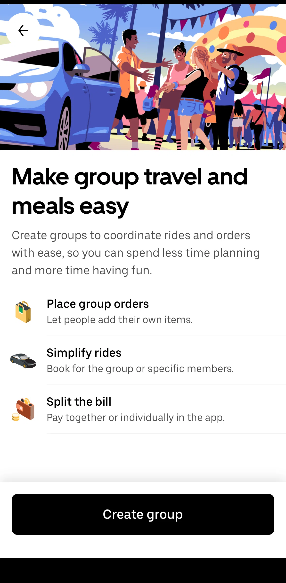 Uber Eats Screen screen in the Creating a group flow