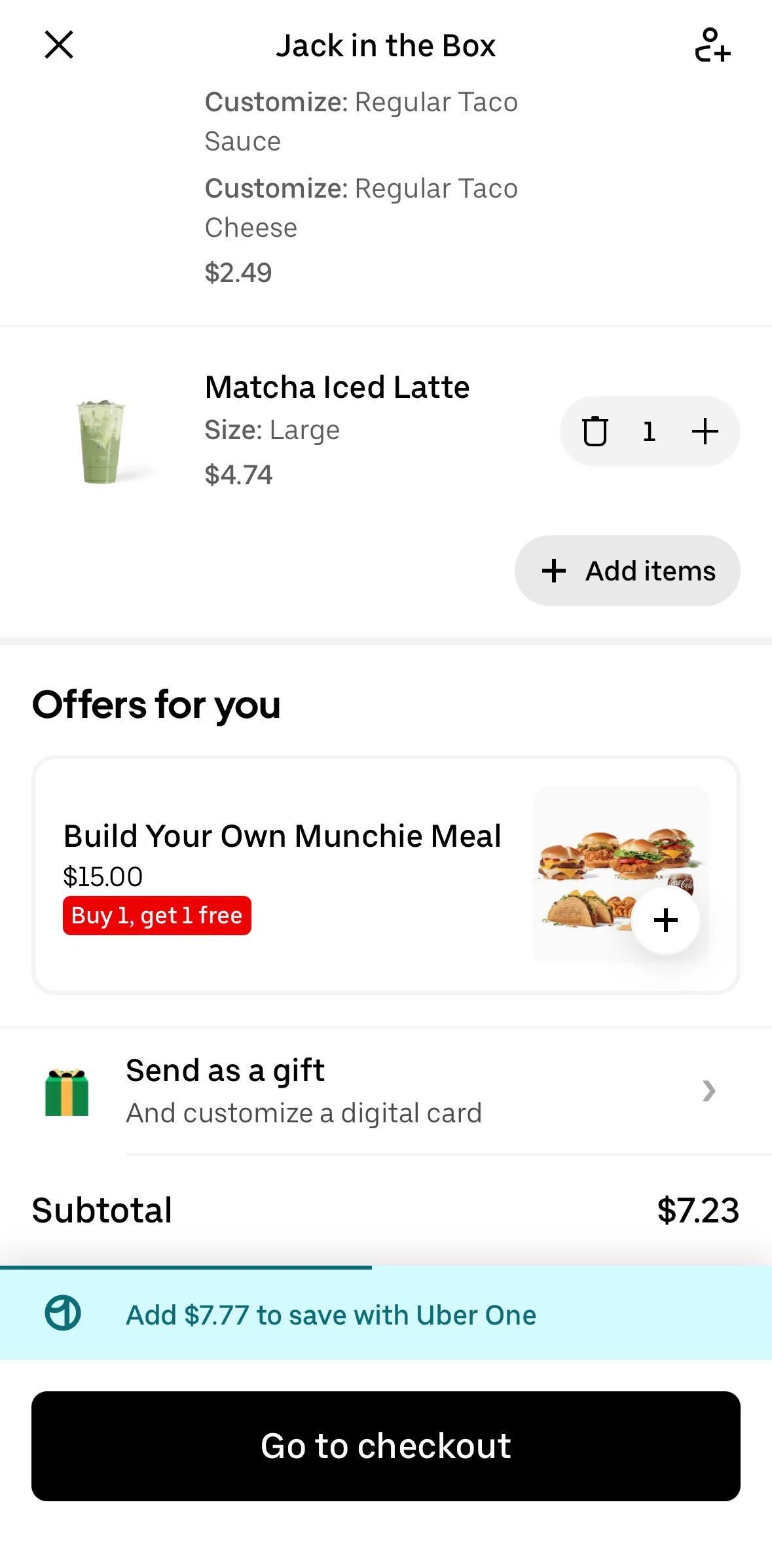 Uber Eats Screen screen in the Customizing a gift flow